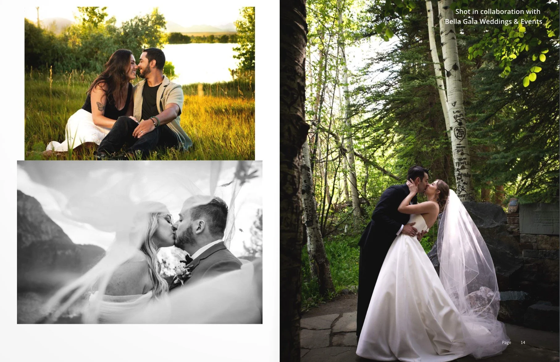 Collage of three photographs: top left - a couple sitting on grass by a lake at sunset, smiling and facing each other; bottom left - black and white close-up of a bride and groom kissing, with a veil partially covering their faces; right - a bride and groom sharing a kiss in a wooded area, with the bride in a white wedding gown and veil, and the groom in a black tuxedo.