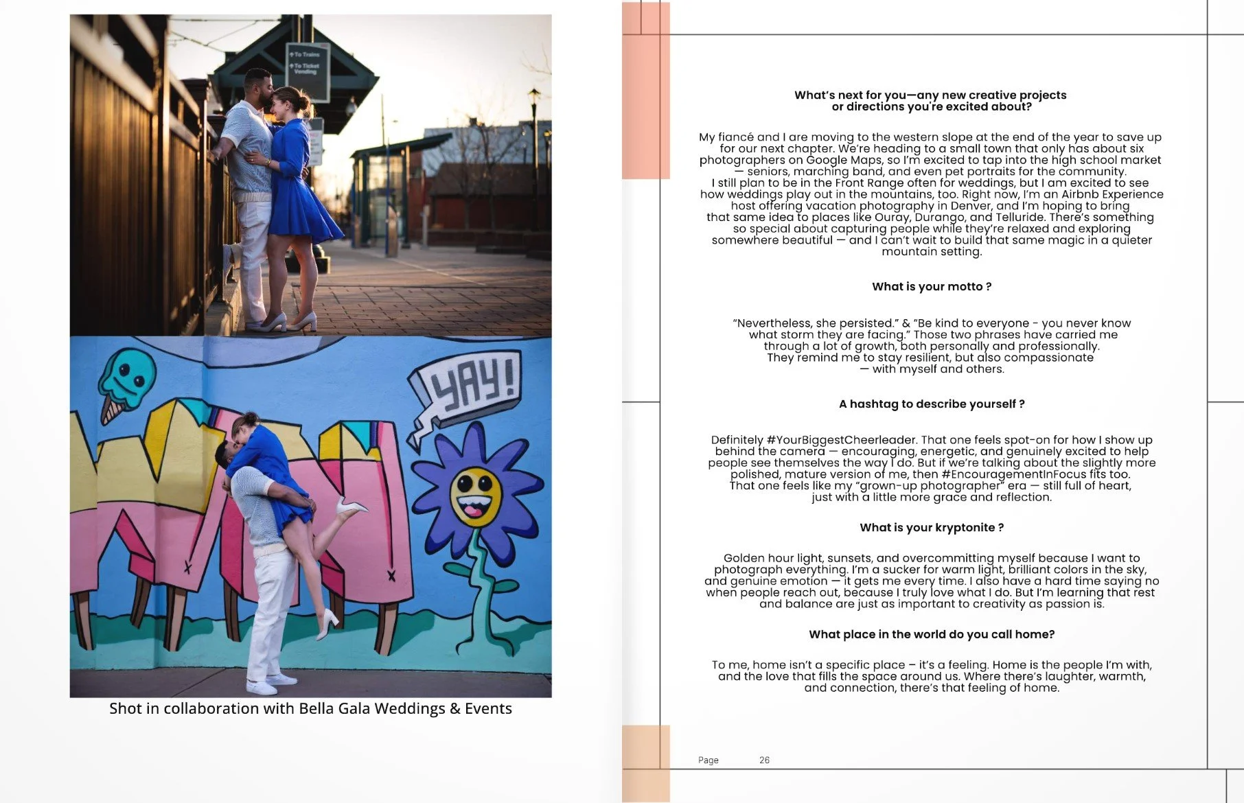 Two photos of couples at an outdoor location. The top image shows a man and woman standing close together, holding each other and smiling, with a train station scene in the background during sunset. The bottom image shows a woman being lifted by a man, standing in front of a colorful mural with cartoonish characters