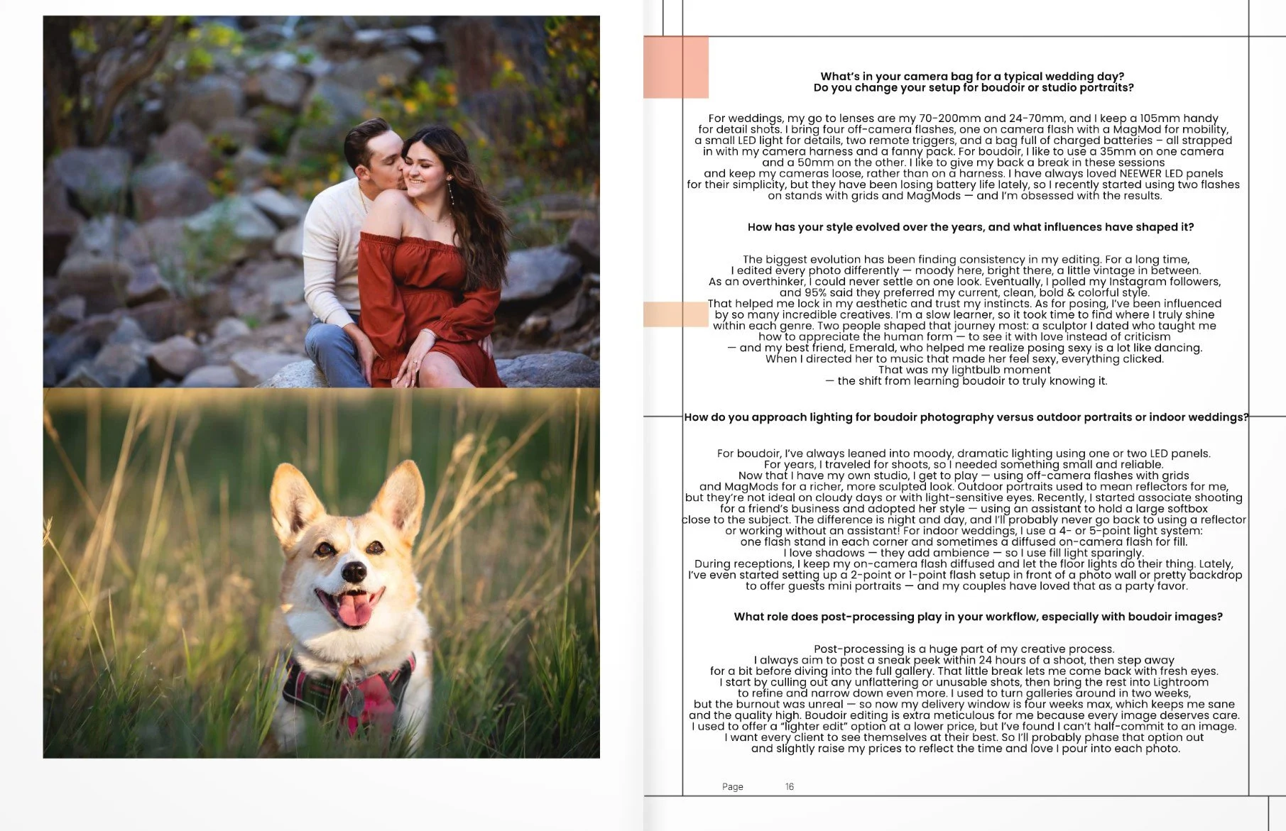 Two photographs: the first shows a man and a woman sitting on rocks outdoors, with trees and rocks in the background, sharing a close moment; the second shows a happy dog with a pink harness standing in tall grass in a natural outdoor setting.