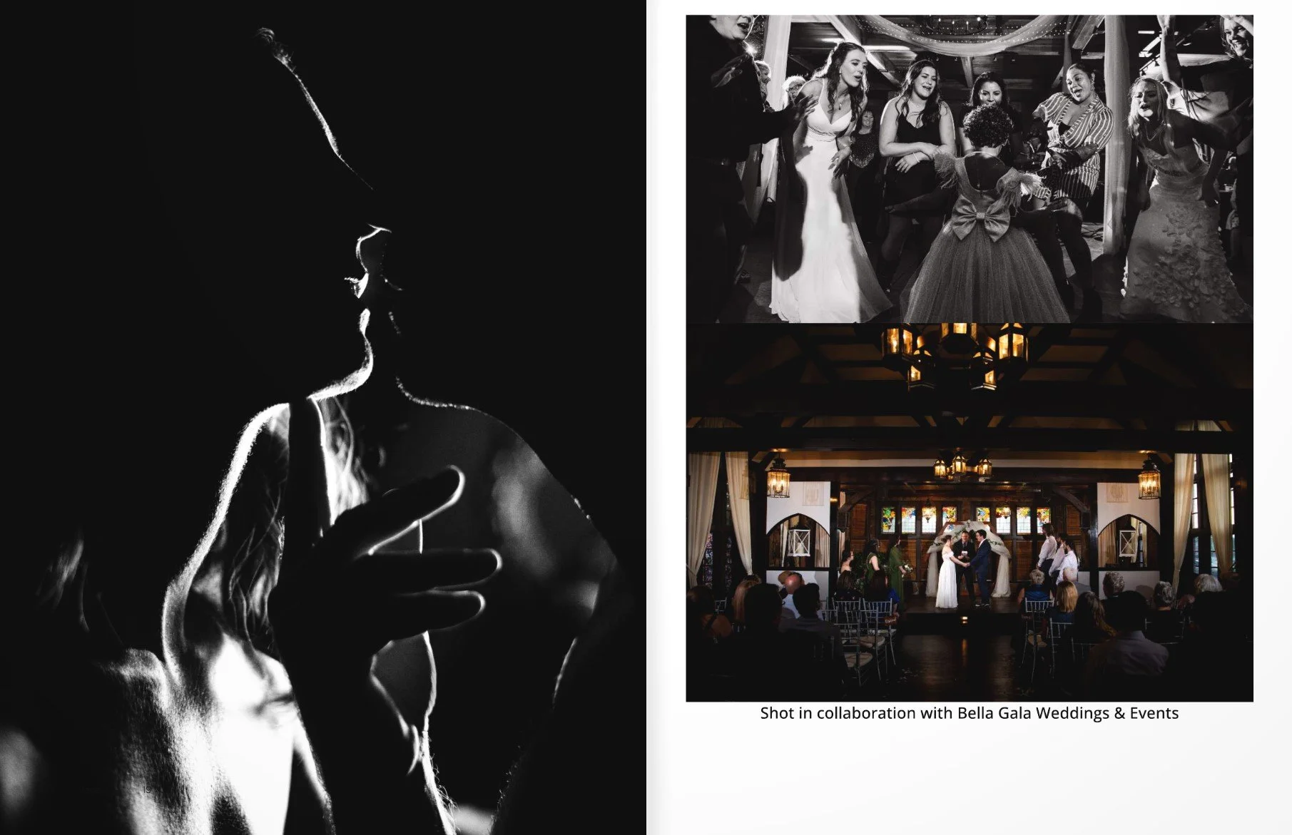 Black and white photos featuring a man and a woman in a close-up silhouette with his finger on her chin, a group of women dancing at a wedding reception, and a wedding ceremony with a bride and groom exchanging vows in a rustic indoor venue.