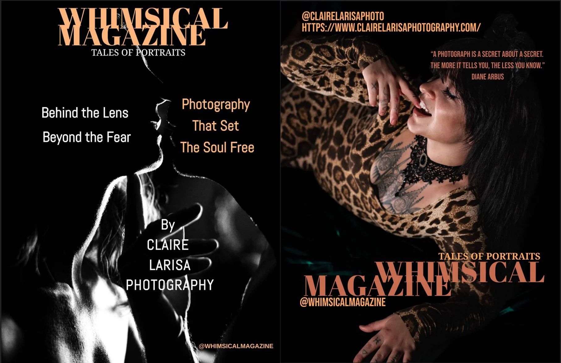 A magazine cover titled "Whimsical Magazine" featuring photography portraits. The left side shows a black-and-white profile of a woman with her hand near her face, and text about photography by Claire Larisa. The right side displays a colorful portrait of a woman with dark hair, leopard-print clothing, tattoos, and a choker, smiling with her hand on her head. The cover includes the magazine's social media handle @WhimsicalMagazine and a quote by Diane Arbus.