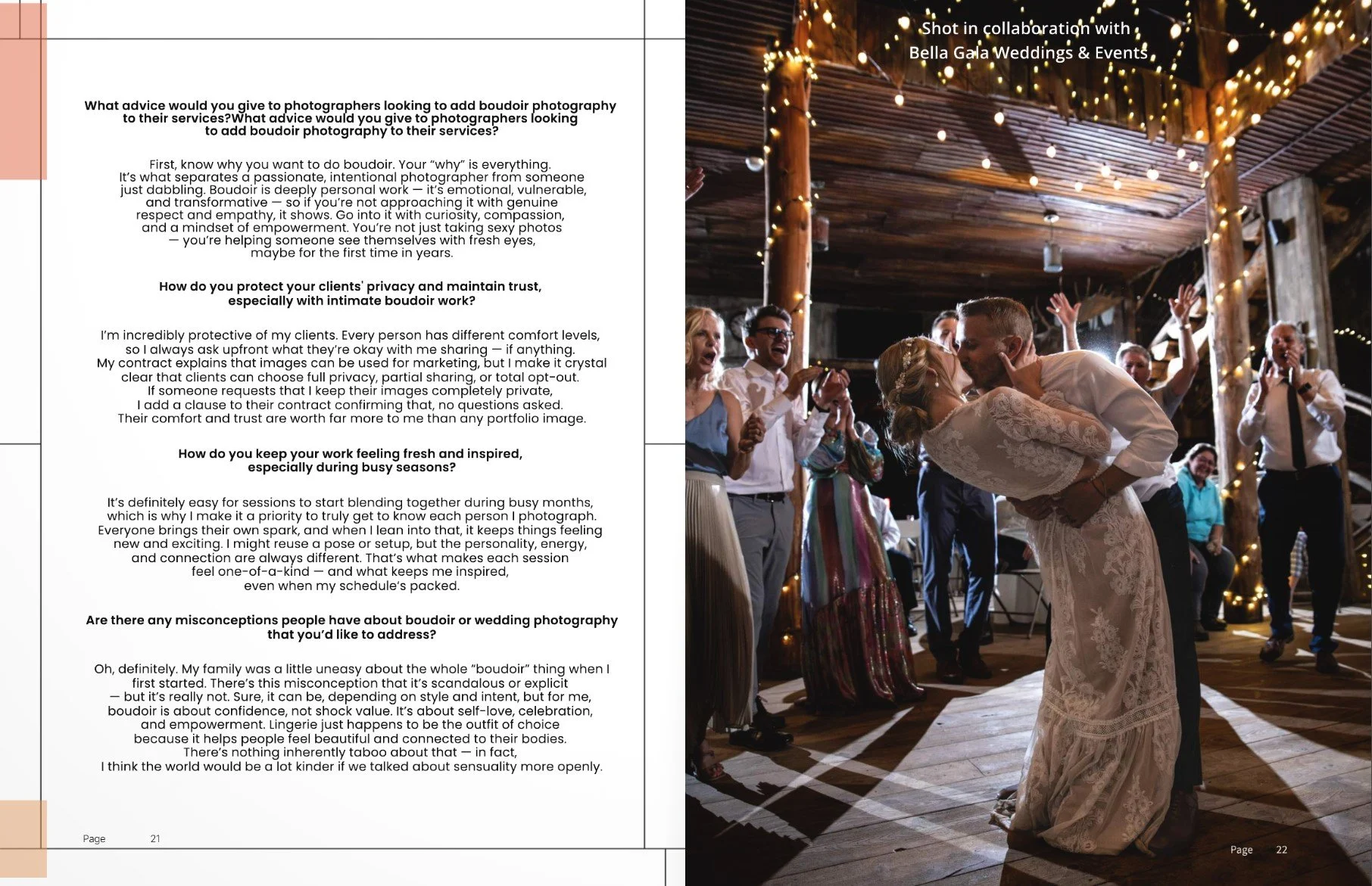 A wedding reception with a bride and groom dancing surrounded by guests in a rustic barn decorated with string lights, with a magazine interview beside them.