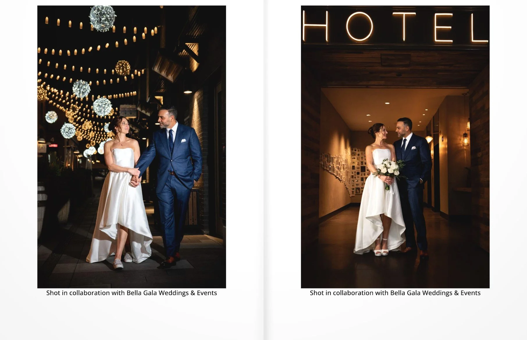 A bride and groom in wedding attire at night, walking indoors with decorative lighting overhead and under warm lighting in a hotel lobby, holding hands and smiling at each other.