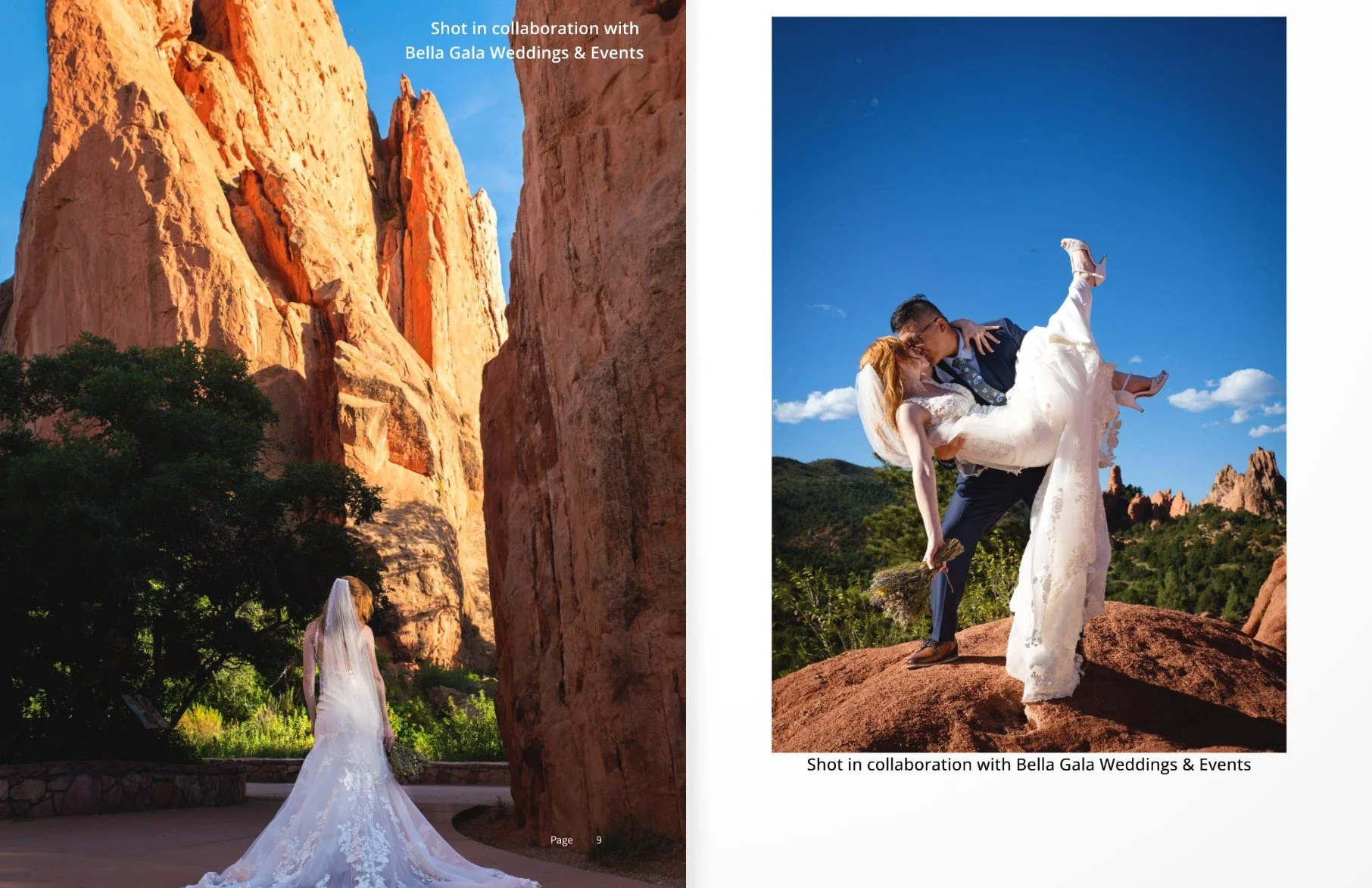 Two wedding photos at Garden of the Gods. The left photo shows a bride with a long white dress and veil, standing with her back to the camera and looking at the rocks. The right photo shows a groom lifting the bride with Garden of the Gods behind.