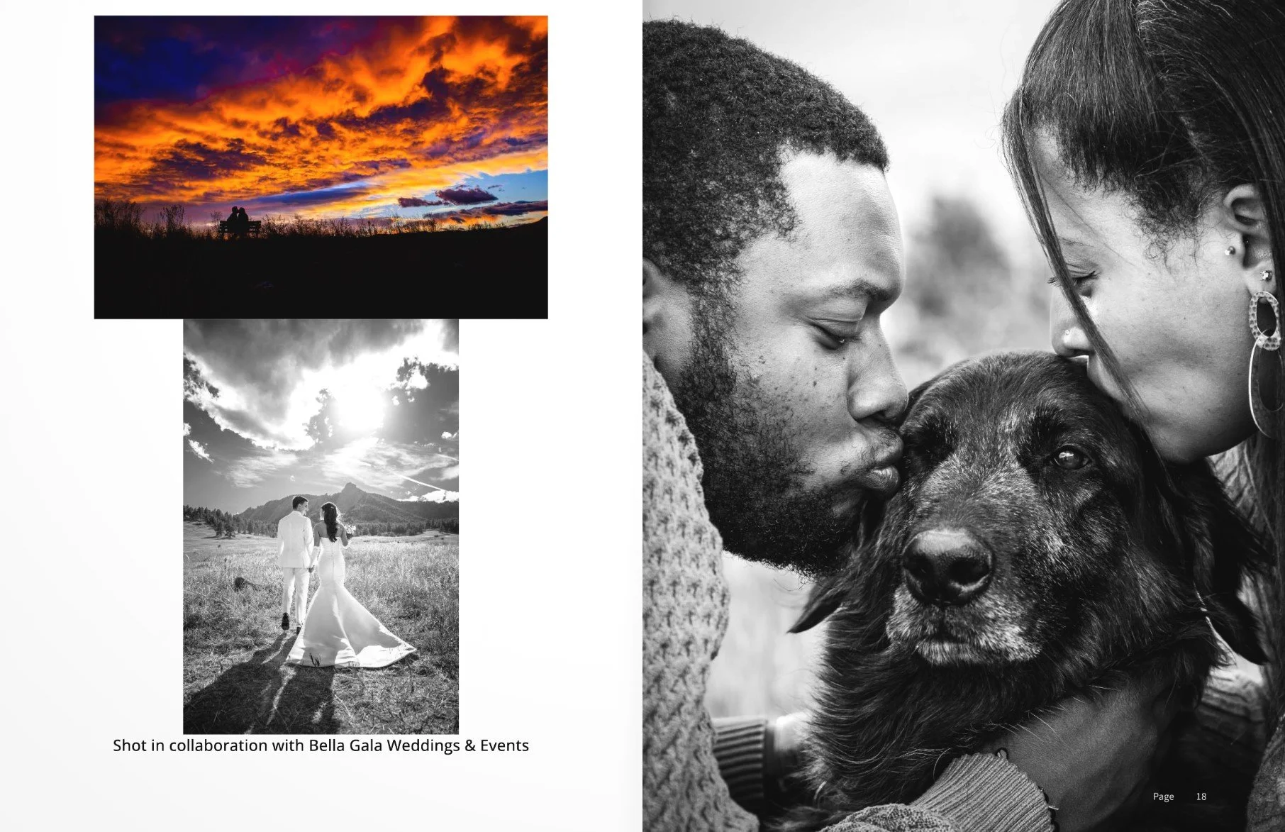 A collage of three black and white and colored photos. The top left shows a sunset with orange and purple clouds. The bottom left features a couple in wedding attire walking in a field with mountains in the background. The right side shows a close-up of two people with their faces touching a dog, all in a tender moment.