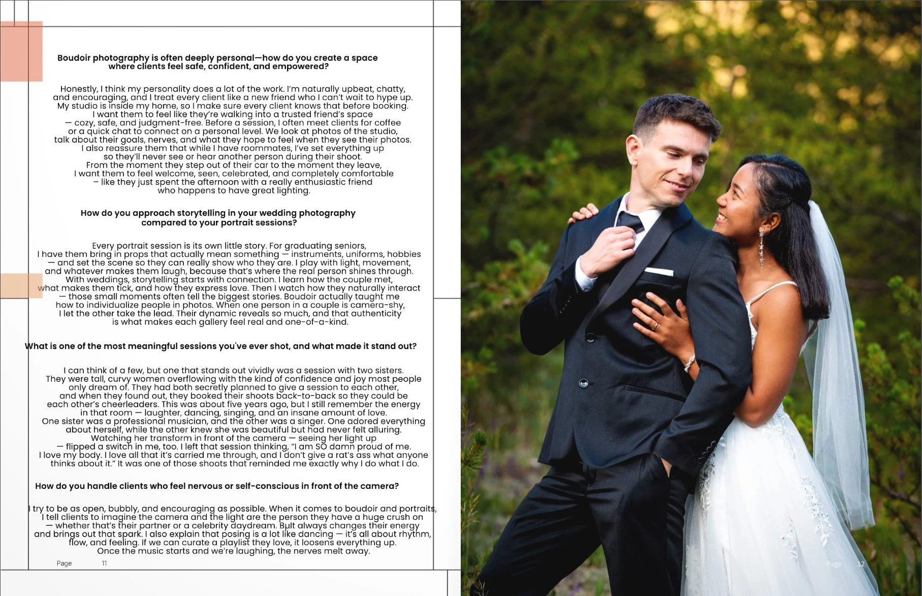 An interracial couple in formal wedding attire, the groom in a black suit and the bride in a white gown with a veil, standing outdoors in front of greenery, smiling at each other, with a magazine interview beside them.