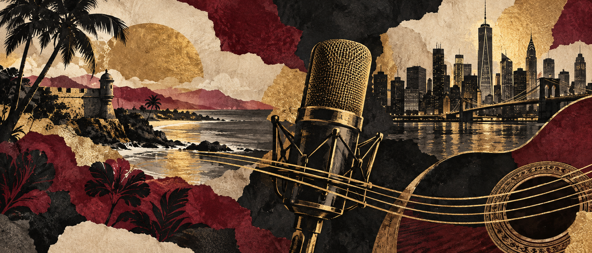 AI-generated illustration of a recording microphone connecting Caribbean scenery and the New York skyline