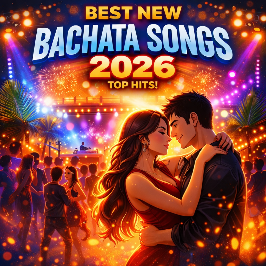 Best New Bachata Songs of 2026 cover art — anime-style tropical Bachata party with dancing couples, colorful lights, and musical notes featuring Nandy Versátil, Romeo Santos, Prince Royce, Bombón Andaluz, Chris Paradise, Kara Leona, and Jiory."