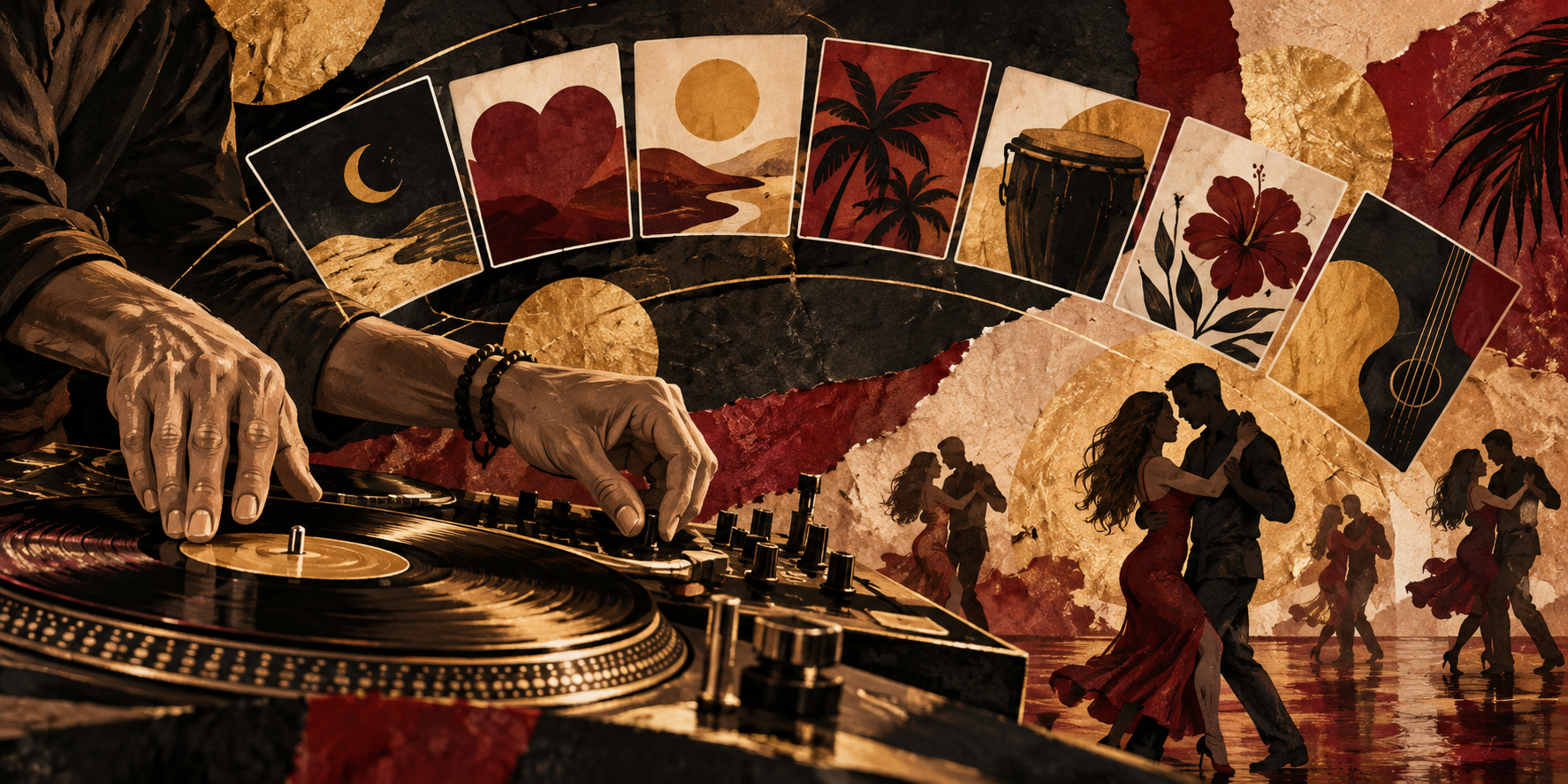 AI-generated editorial illustration of a DJ choosing music for bachata partner dancers