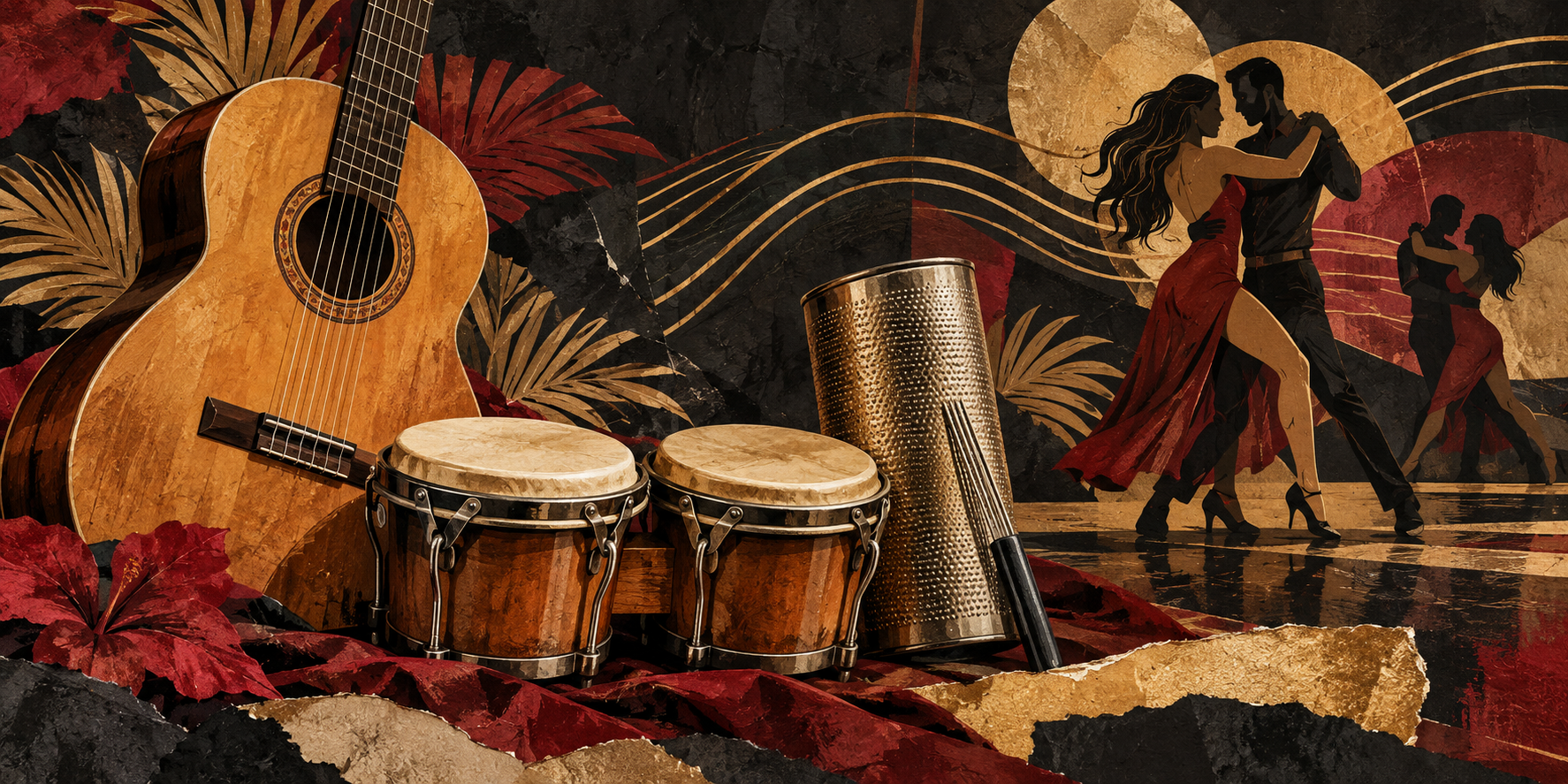 AI-generated editorial illustration of a guitar, bongos, güira and bachata partner dancers