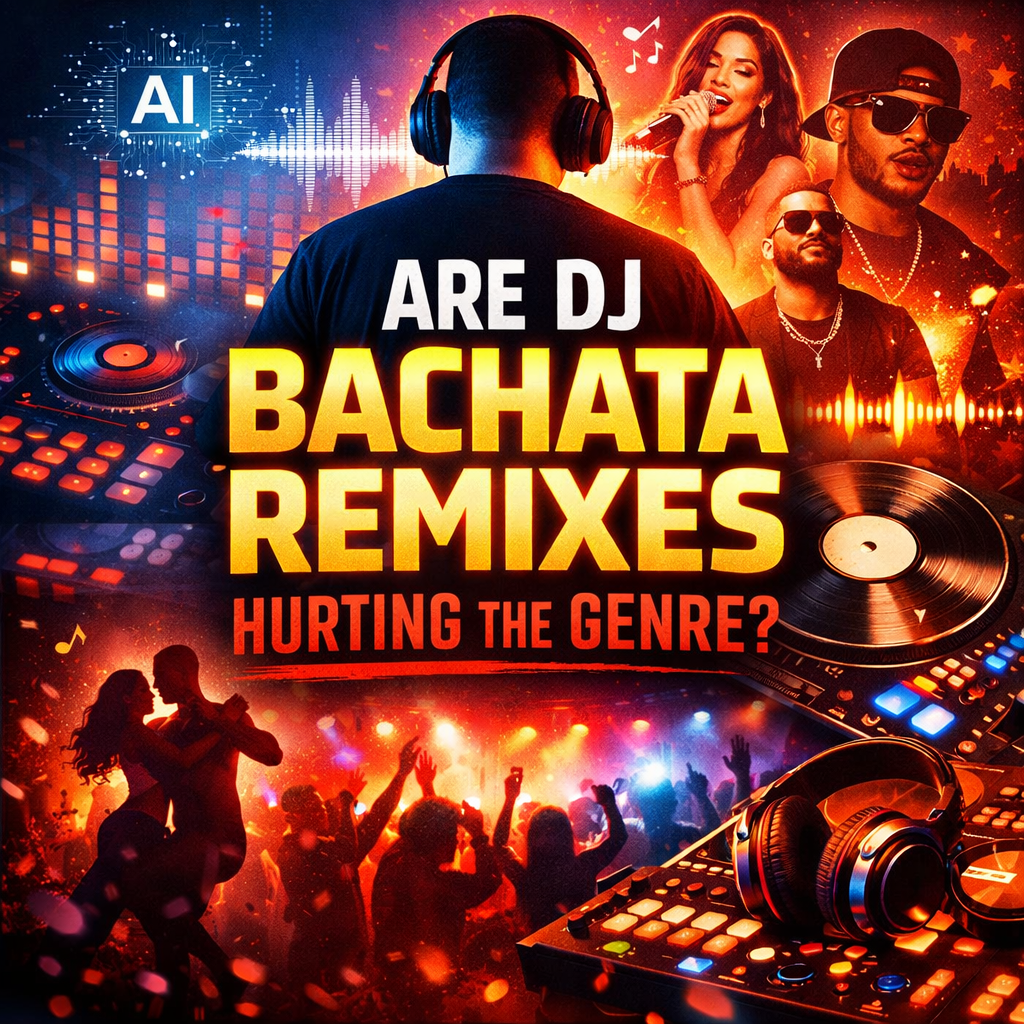 DJ Bachata remix cover art with decks, soundwaves, and dance floor silhouettes.