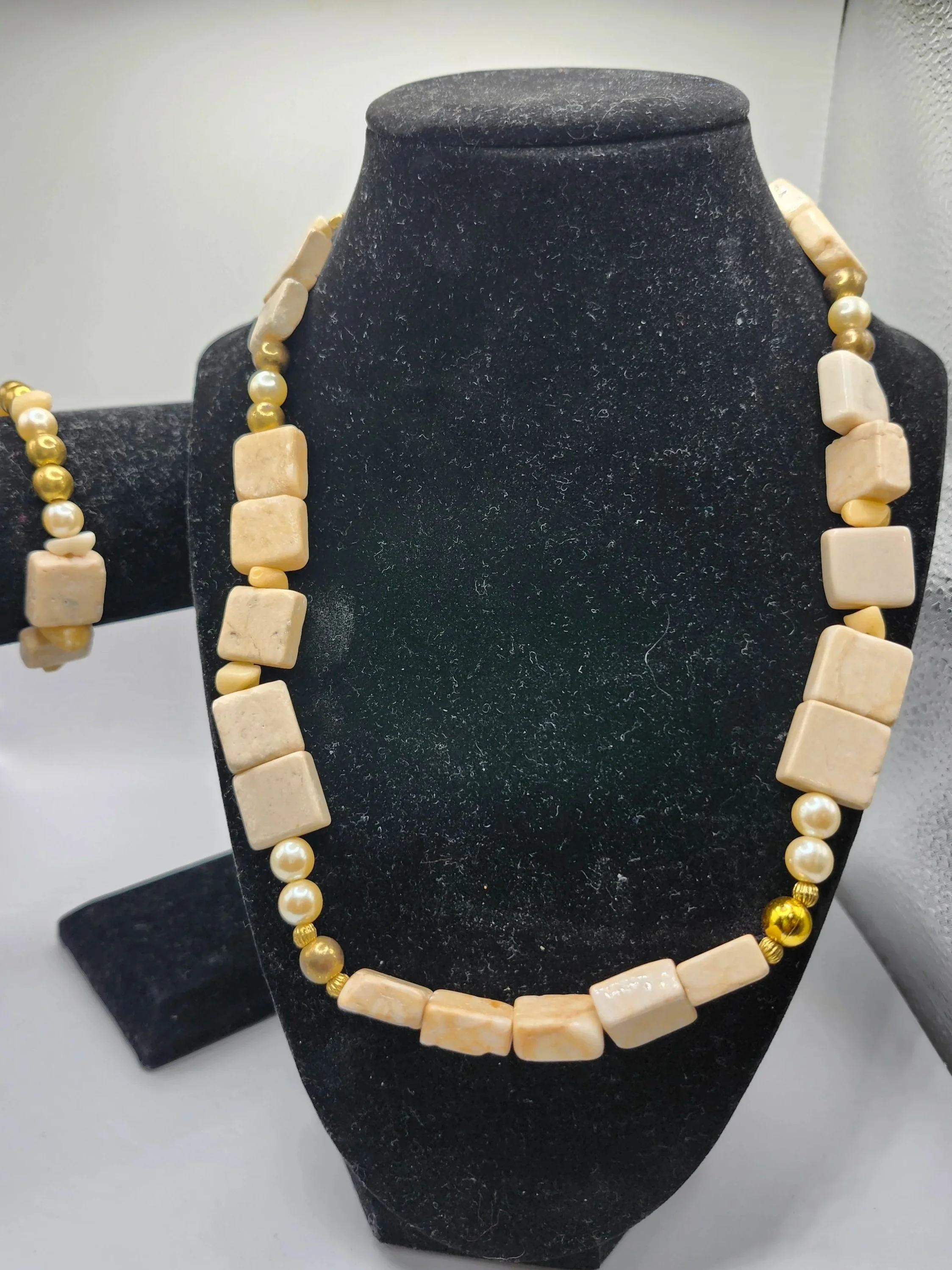 Golden Pearl Necklace and Bracelet Set