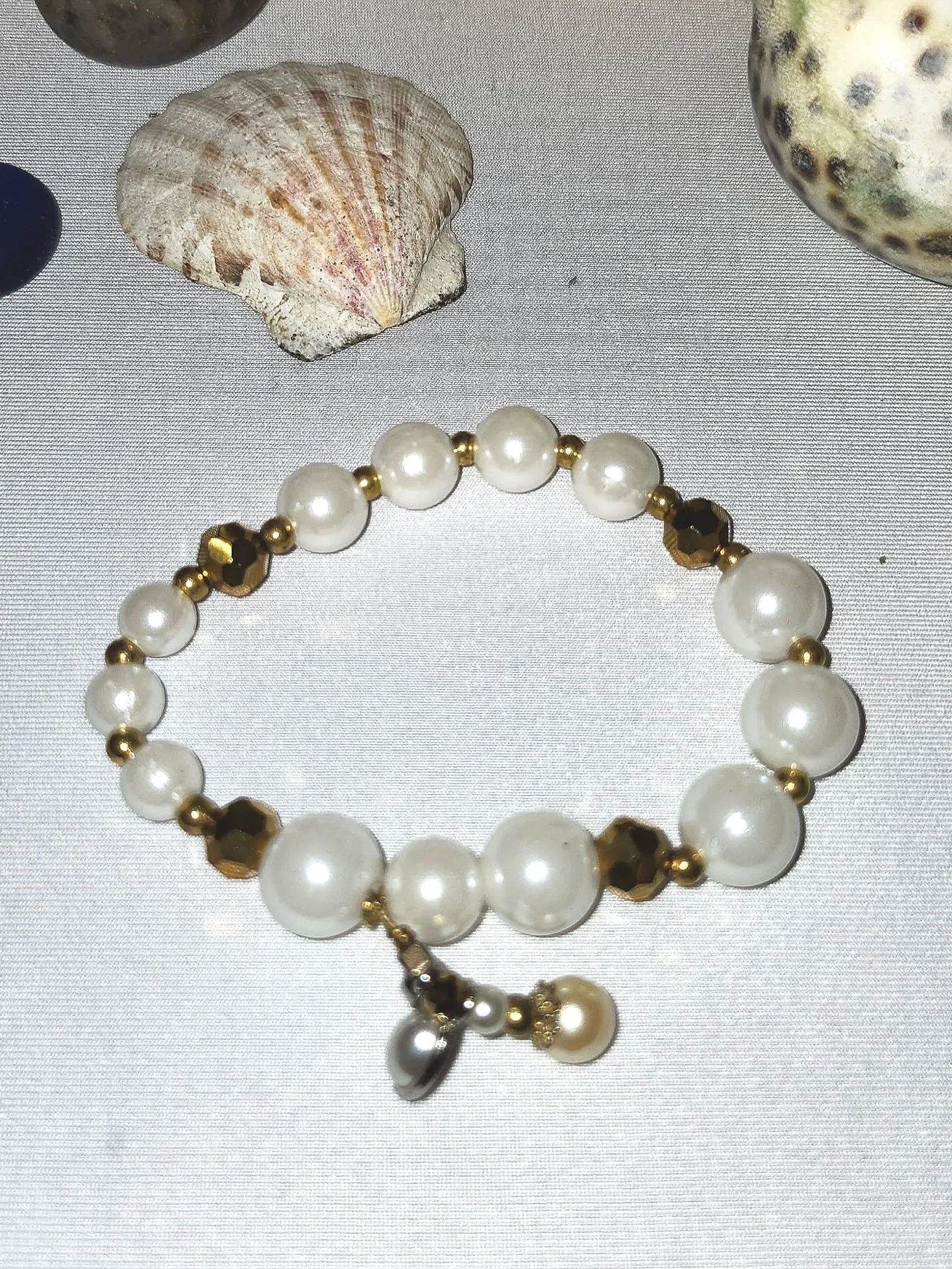 Pearl & Brass Beaded Stretch Bracelet With Double Charm