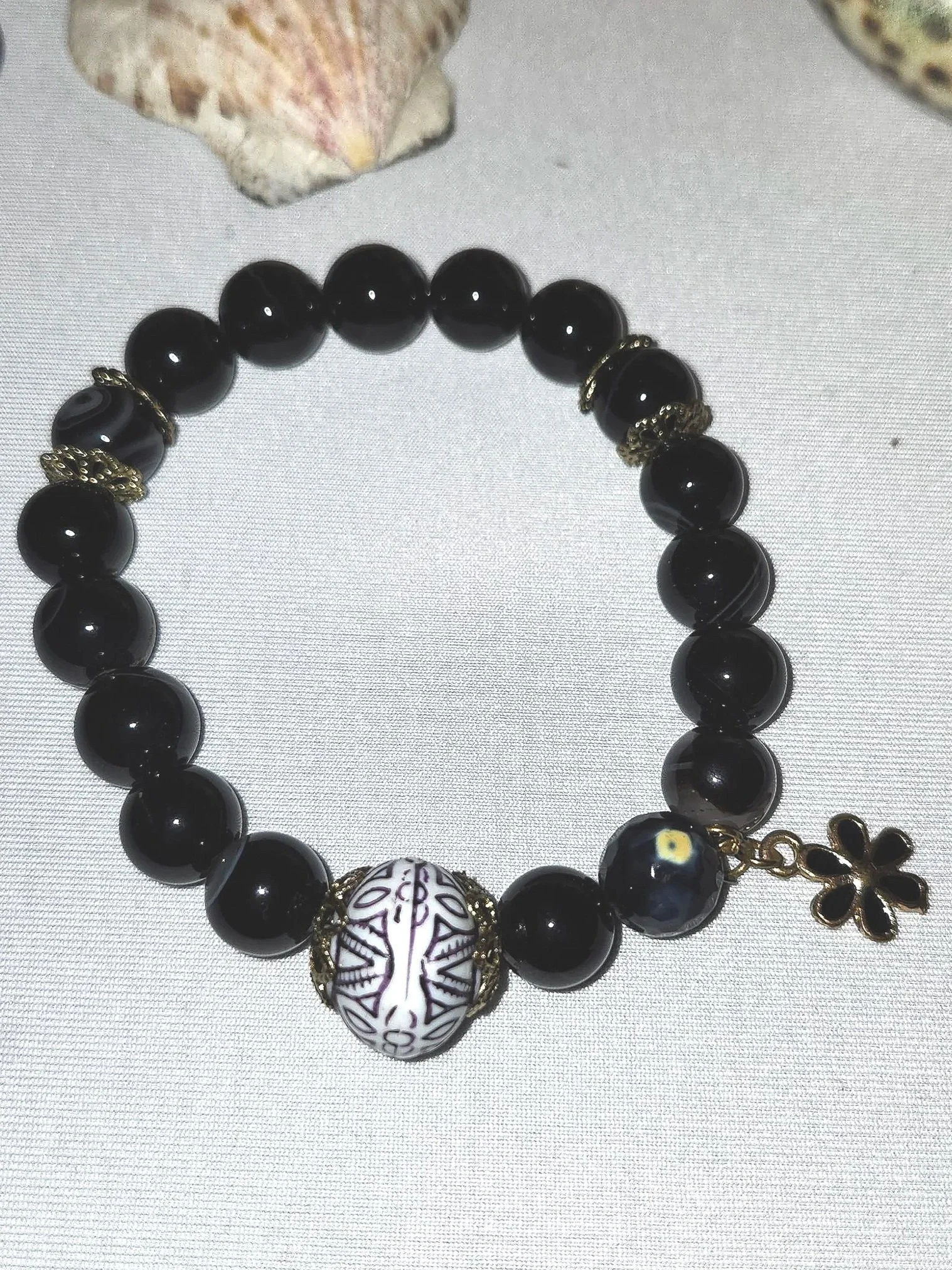 Black & Gold Stretch Beaded Bracelet with Flower Charm