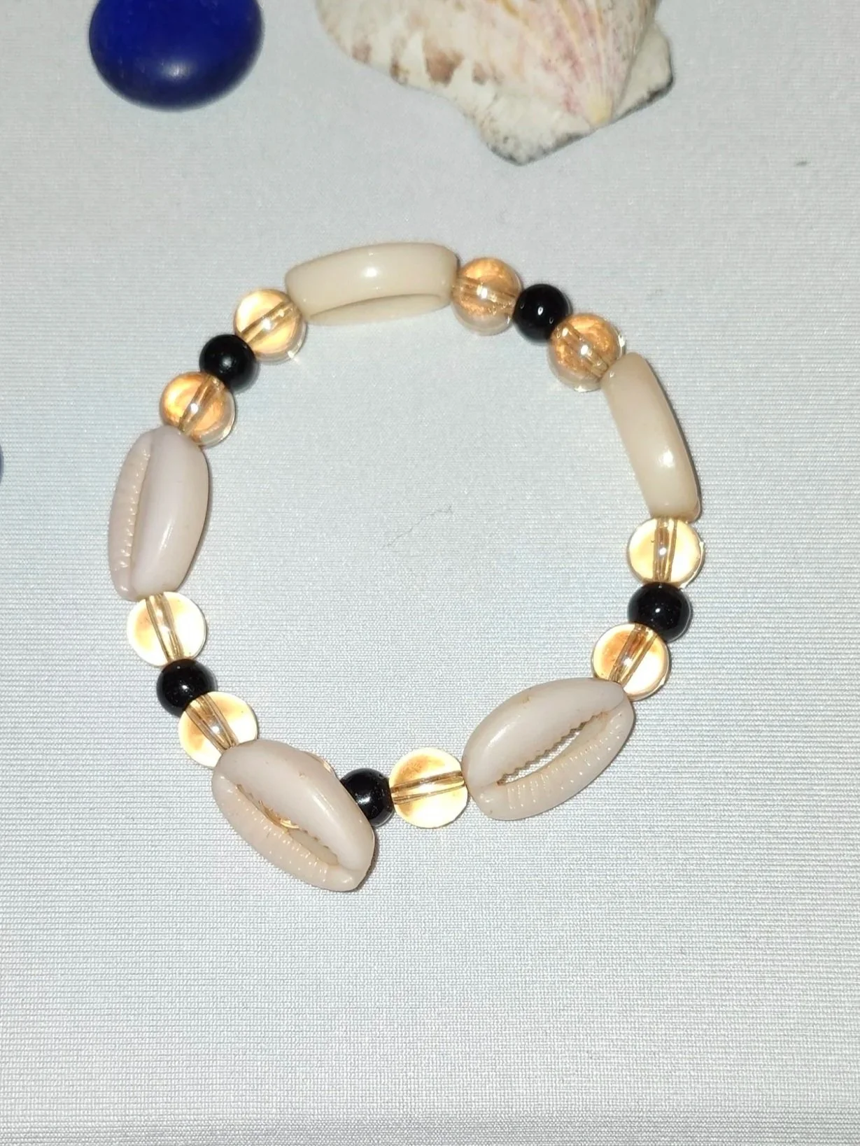 Peach & Brown Beaded Cowrie Stretch Bracelet