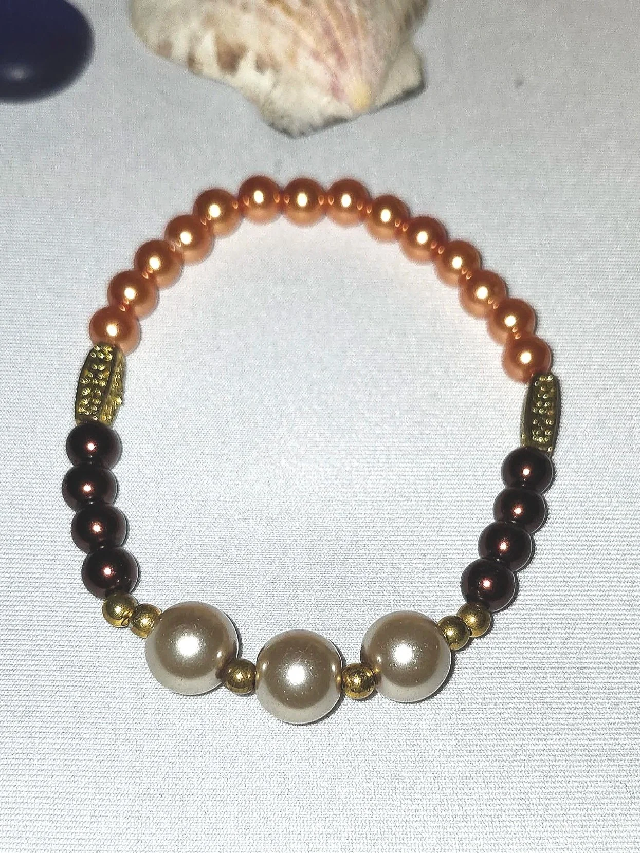 Pearly Bronze & Peach Beaded Stretch Bracelet