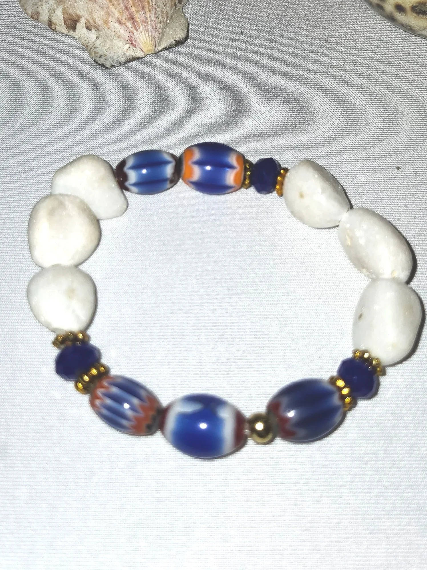 White & Blue Beaded Stretch Bracelet