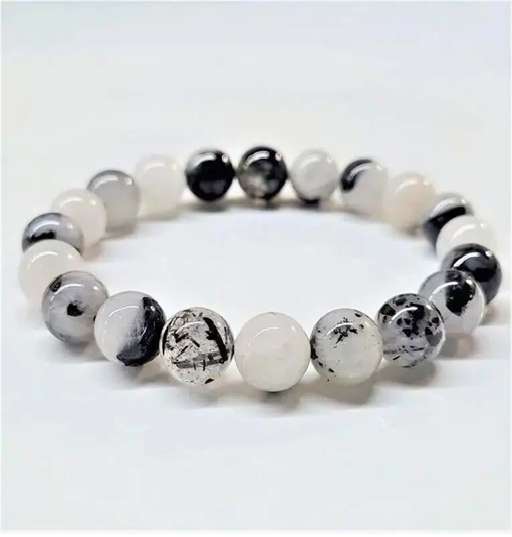 White and Black Tourmaline Beaded Stretch Bracelet