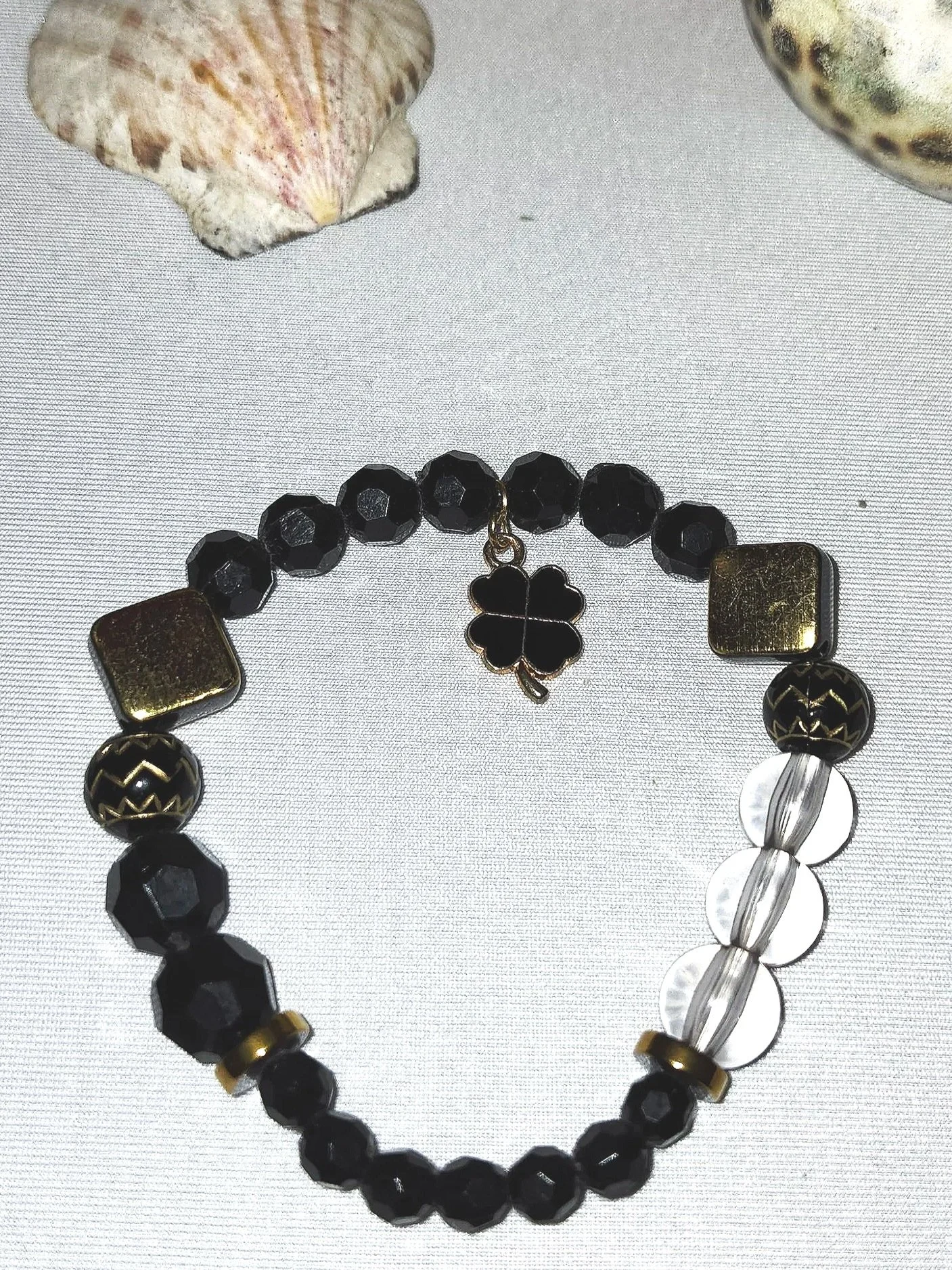 Black & Gold Beaded  Stretch Bracelet with Black Clover Charm