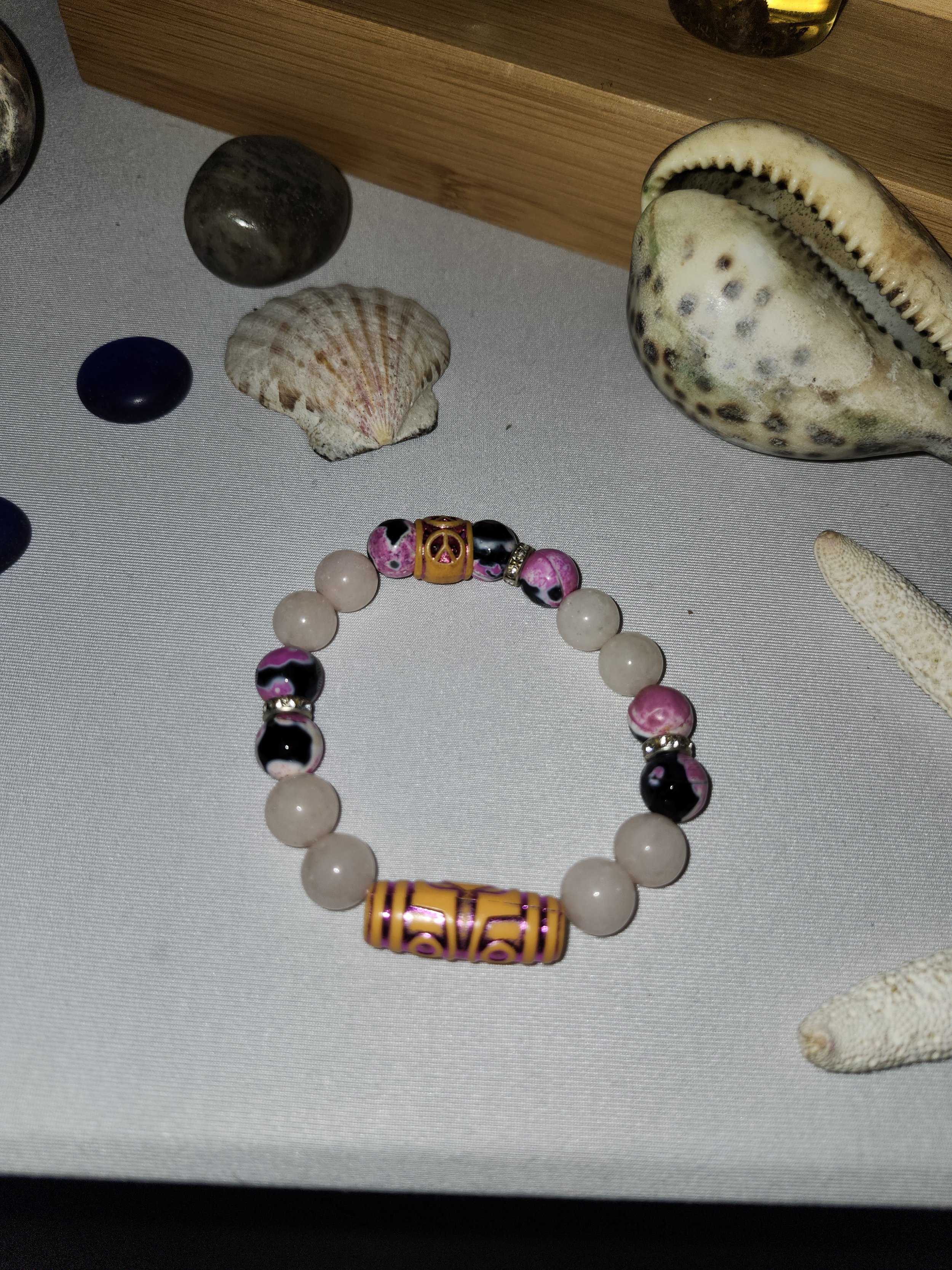 Pink & Black Marble with Rose Quartz Beaded Stretch Bracelet