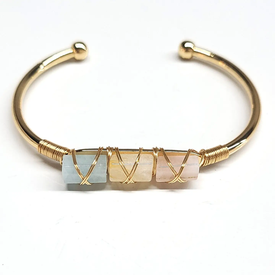 Aquamarine Citrine Rose Quartz Crystal Gold Plated Bangle