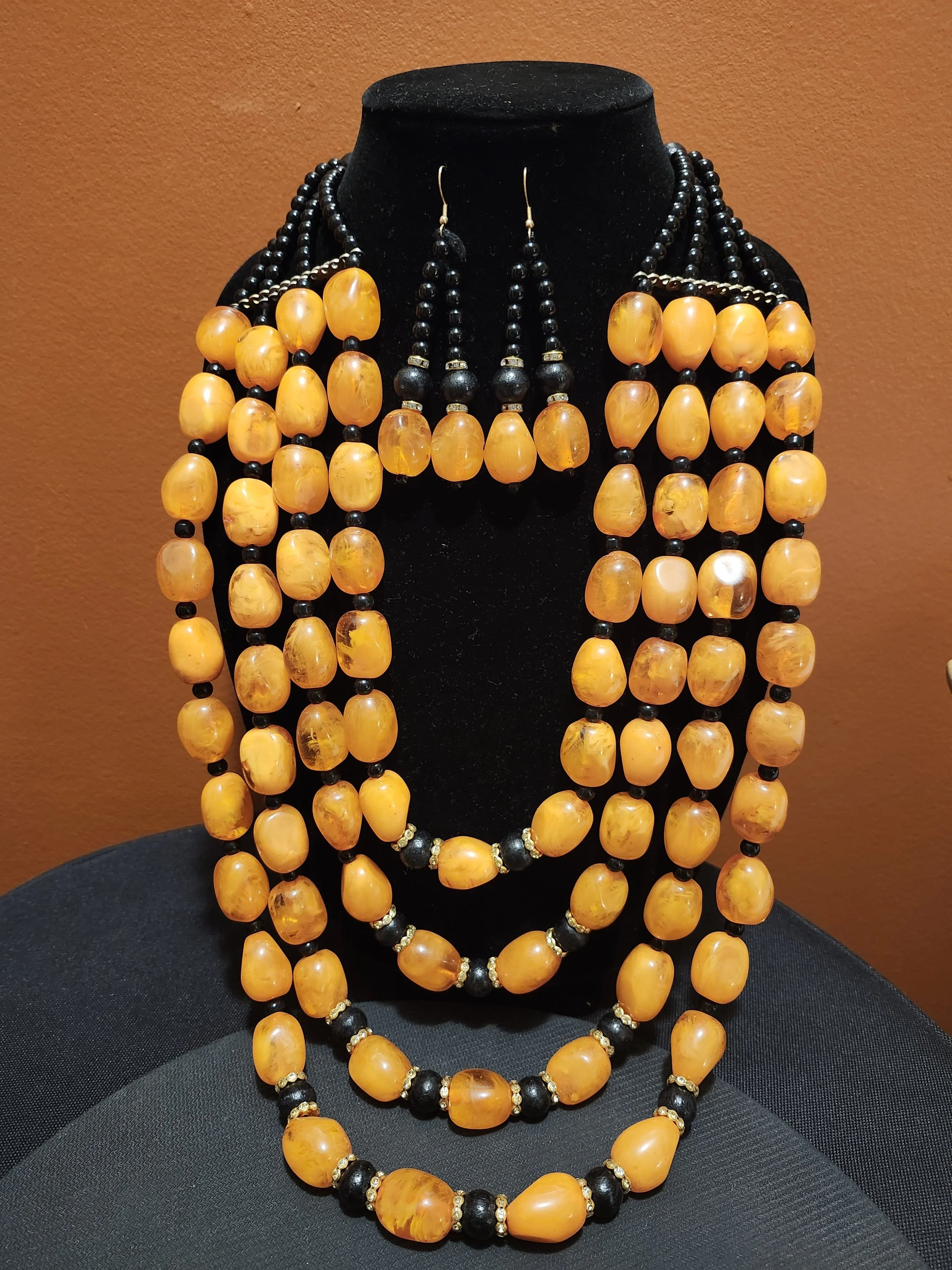 Amber Colored Multilayered Beaded Necklace and Earring Set
