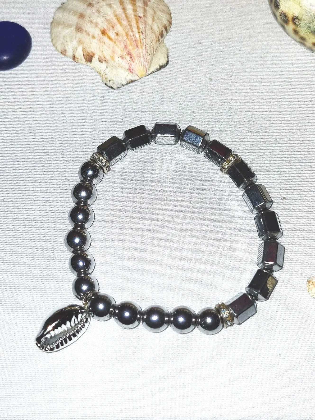 Silver Beaded Stretch Bracelet with Silver Cowrie Charm