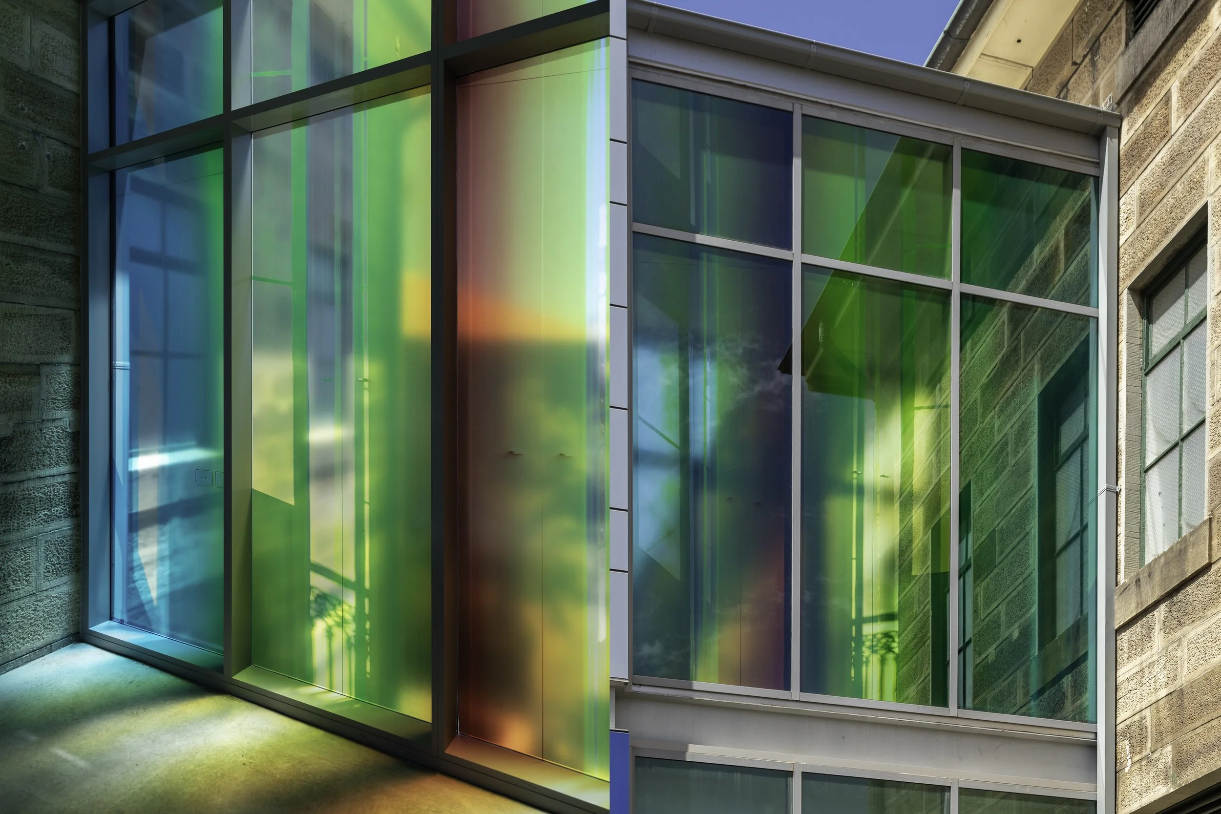 unfold, unfolded, unfolding (2025) / site-specific install - photo-media, existing architecture, space, light / 3620 x 2955 mm - dimensions variable / National Art School Gallery - Upstairs Walkway