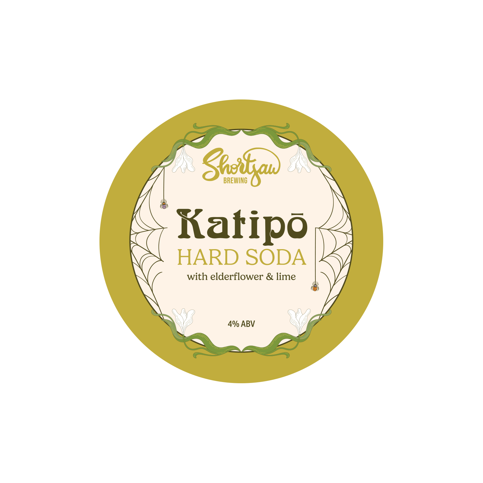 A vintage label for elderflower soda, featuring a yellow background, red text, an illustration of elderflower plant, and a 3.2% alcohol content mark.