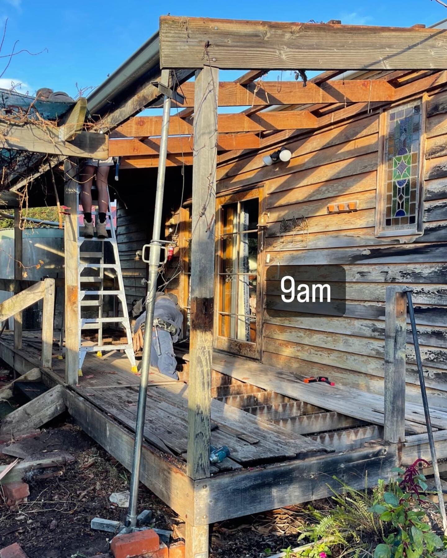 Solid effort by the boys Friday! 
- reinstate old verandah including new polycarbonate sheeting
- demolish old deck and replace with hardwood decking including all new subfloor
- 5.5m x 1.2m ramp attached to side 
- add balustrade to surrounding 
- c