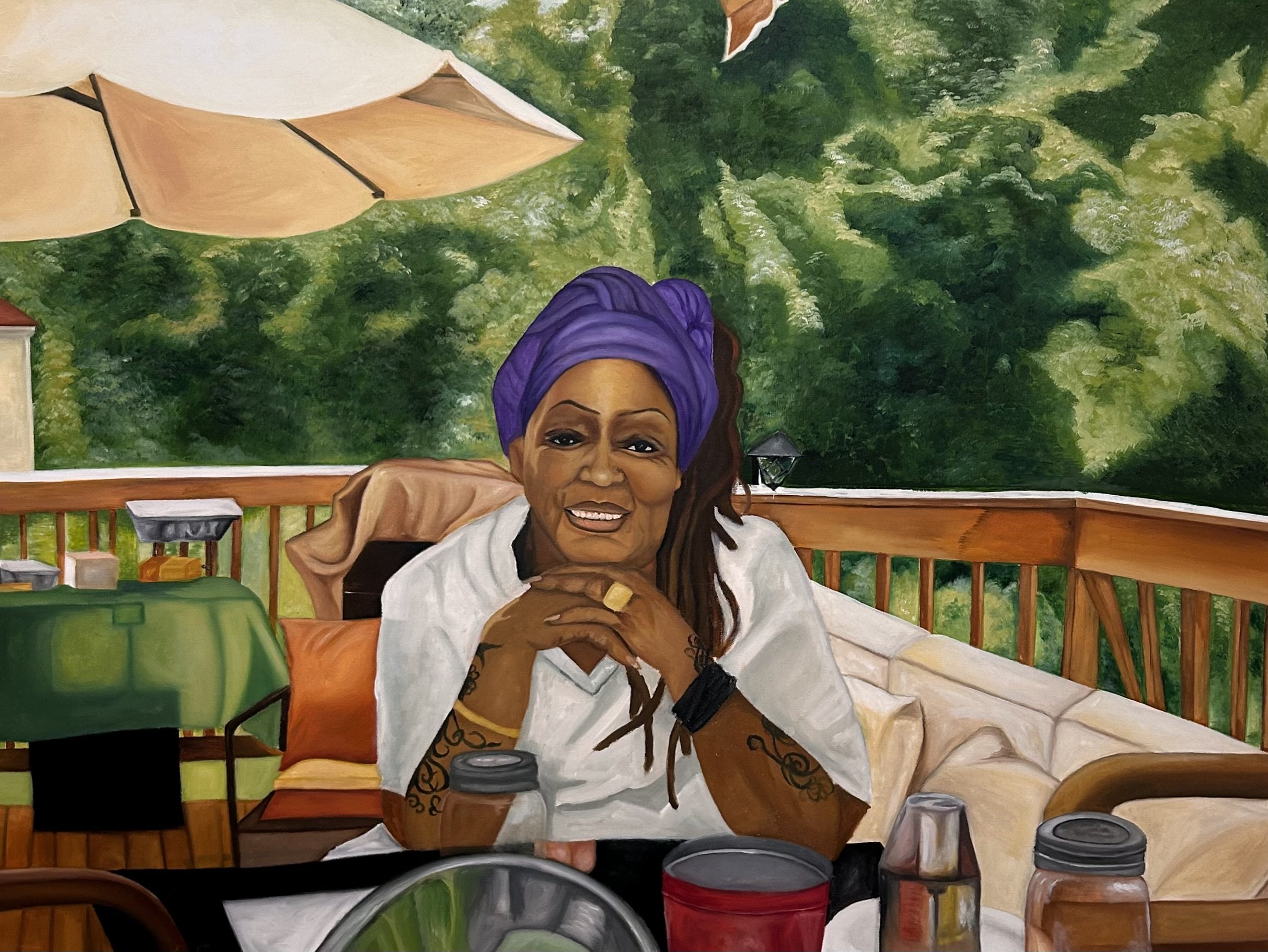 “Hey Grandma D” (2024) | Oil paint glazed with human ashes and resin in pre-stretched canvas