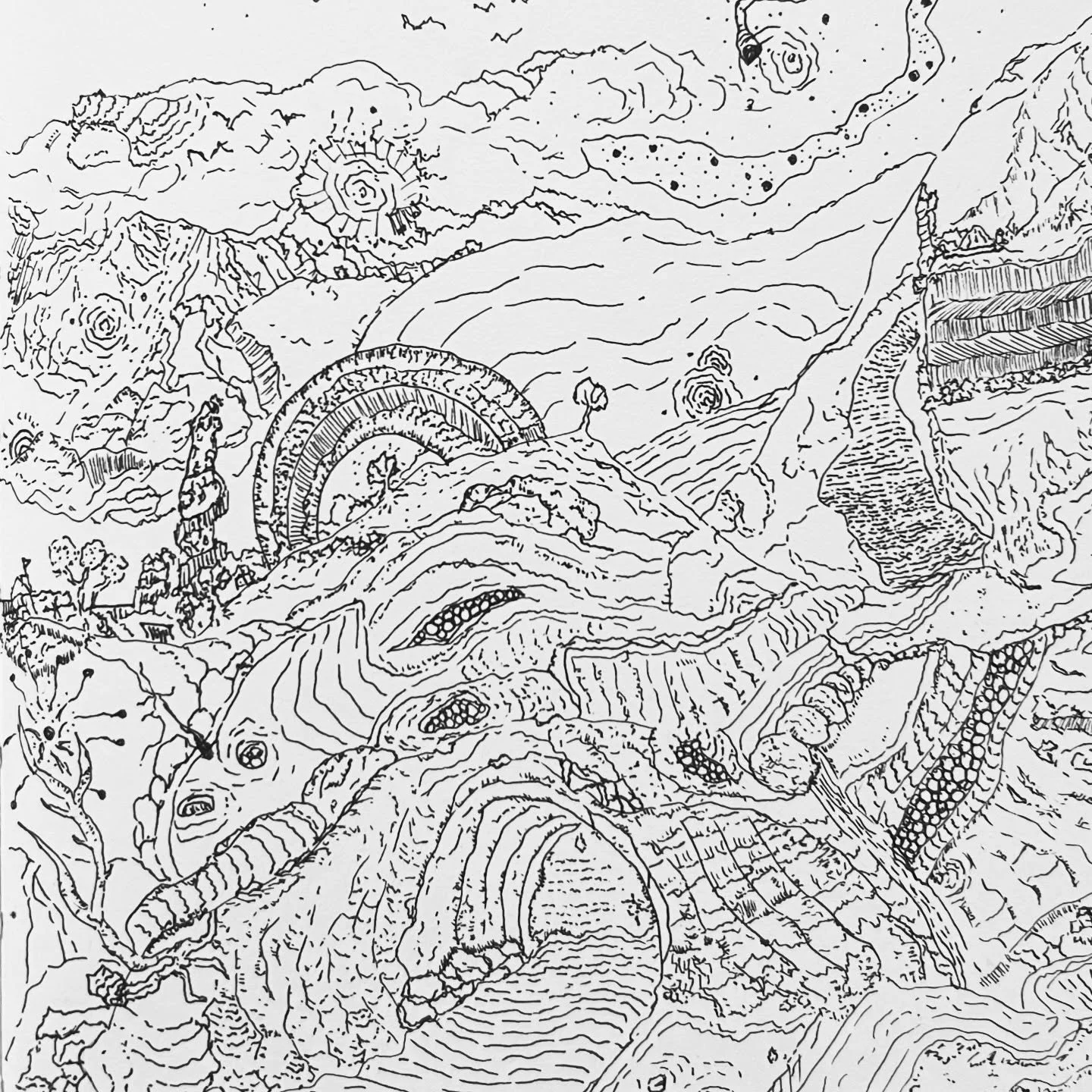 Micron on paper.
Scribbles are therapeutic. One of my earlier sketchbook pieces during my initial experimenting phase.