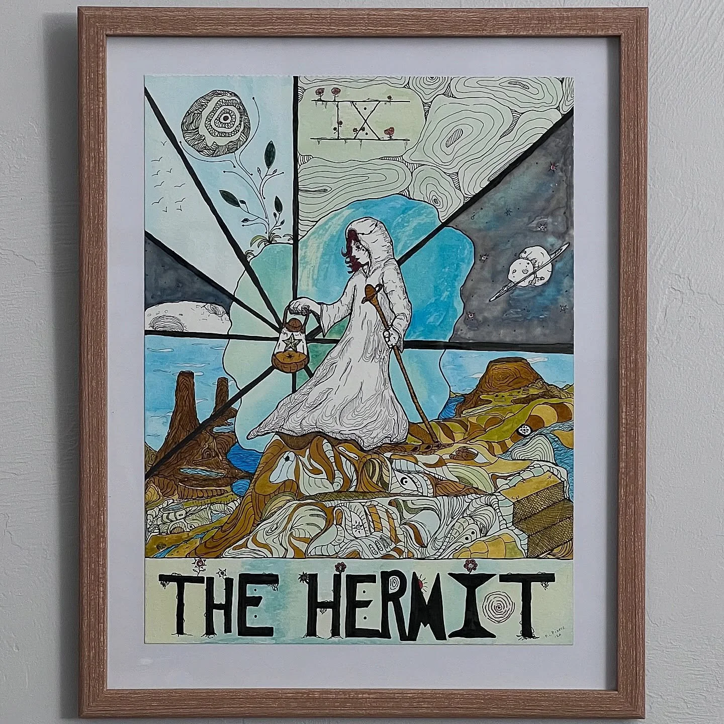 A piece I made for a wonderful soul 🔥 my very first tarot card, The Hermit.
@birminghampens dye inks on water color paper. Micron pens for outlines.