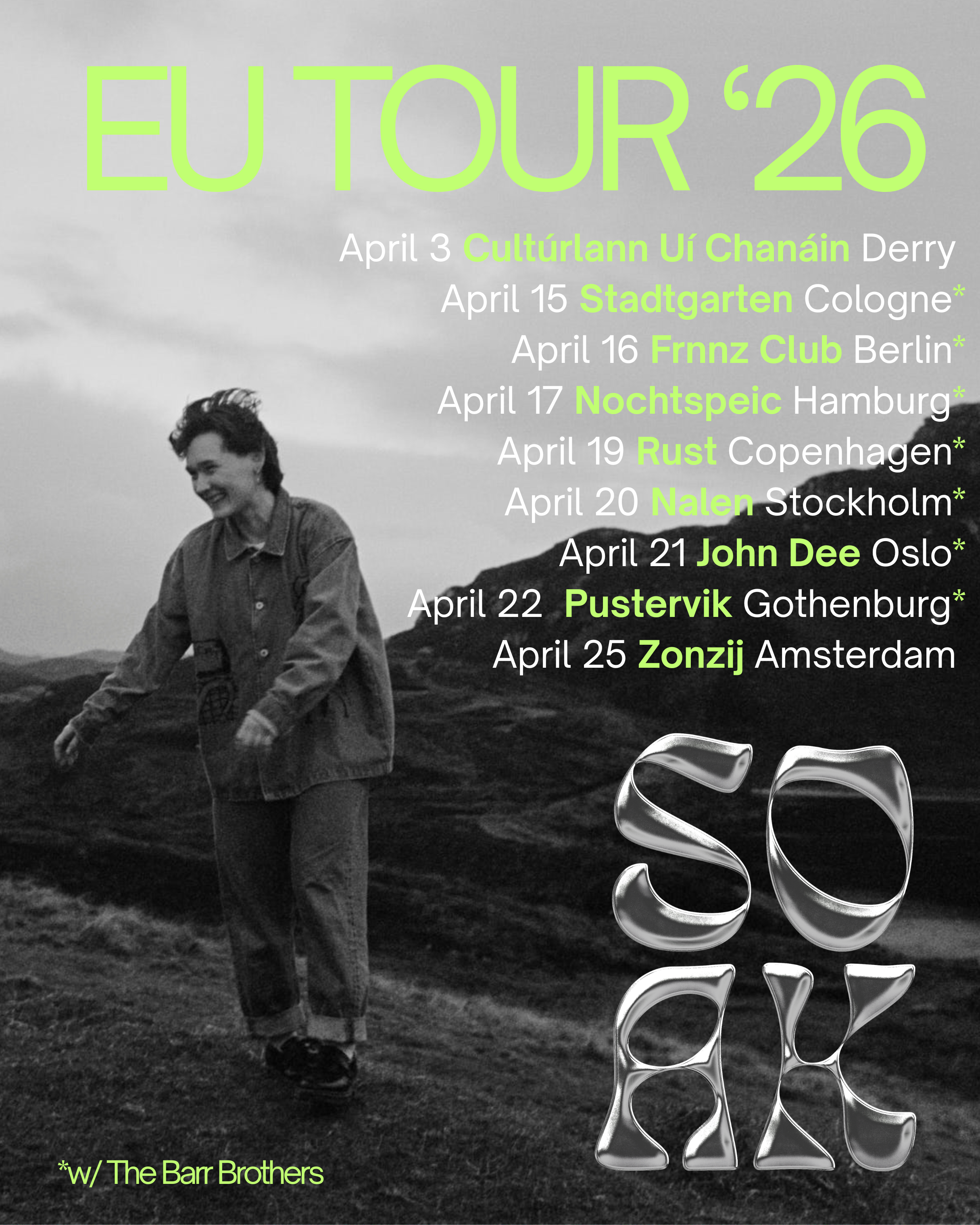 Black and white photograph of a smiling woman in outdoor clothing walking on a grassy hill with rocks, with tour dates and locations overlaid in bright green text, and large silver stylized '50' and 'XX' graphics at the bottom right.