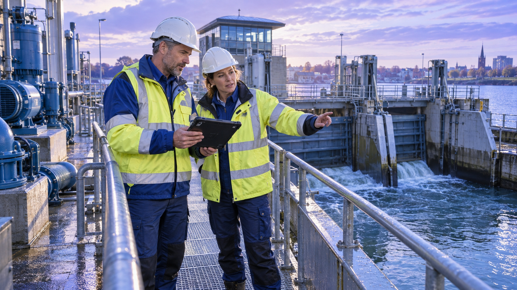 Two workers in safety gear inspecting a dam or water control structure at a hydroelectric facility by a river during sunset.