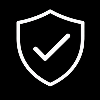 White shield icon with a check mark on a black background.