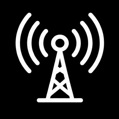 Icon of a radio tower emitting wireless signals on a black background.