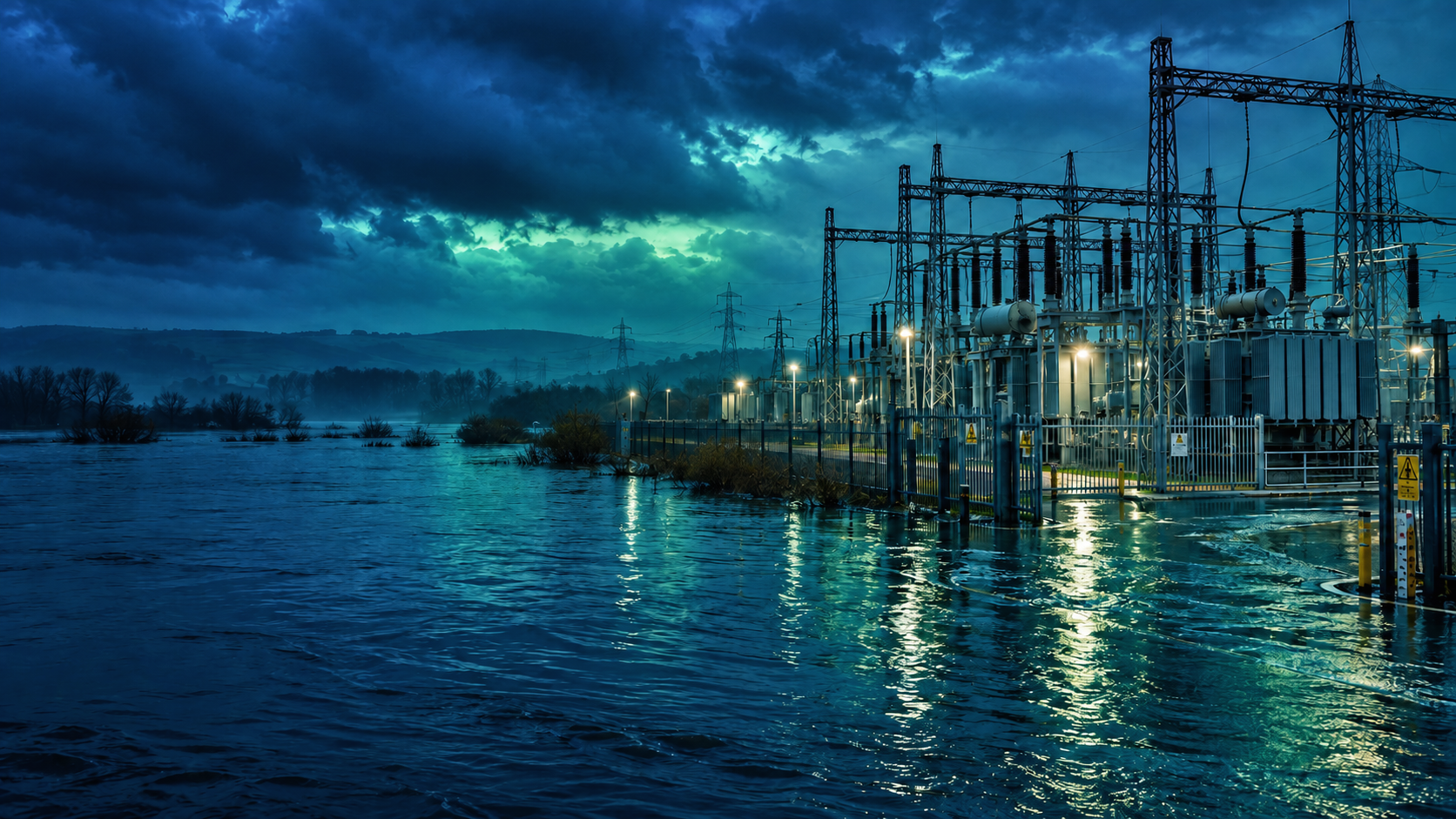 Power substation near a flood-affected river at dusk or dawn with dark cloudy sky.