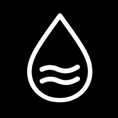 A white water droplet icon with two wavy lines inside on a black background.