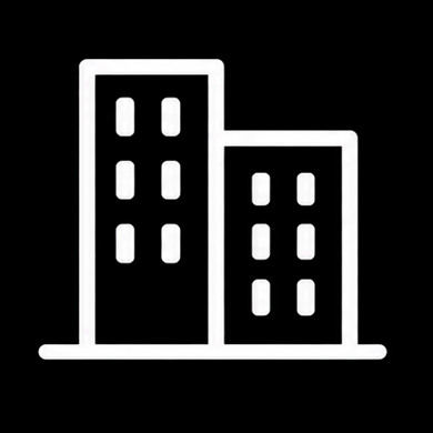 Outline of two tall buildings with multiple windows, depicted in white on a black background.
