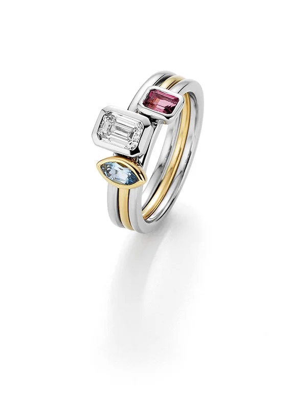 Ringe aus recyceltem Gold mit Farbedelsteinen Turmalin Aquamarin und Diamant