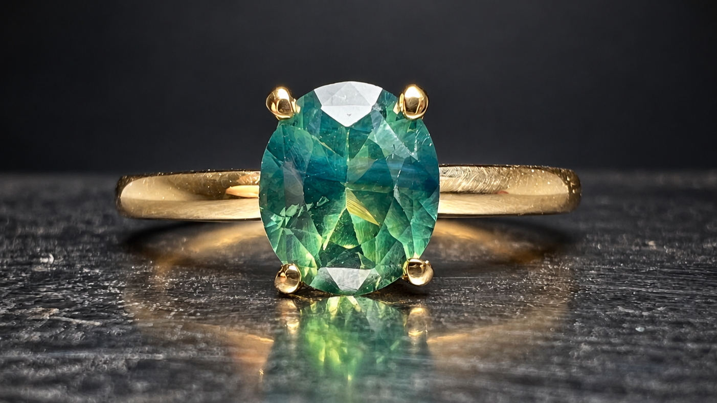 Goldring mit ovalem, türkisgrünem Edelstein in einer Vierkrappenfassung – Isarschmiede München.