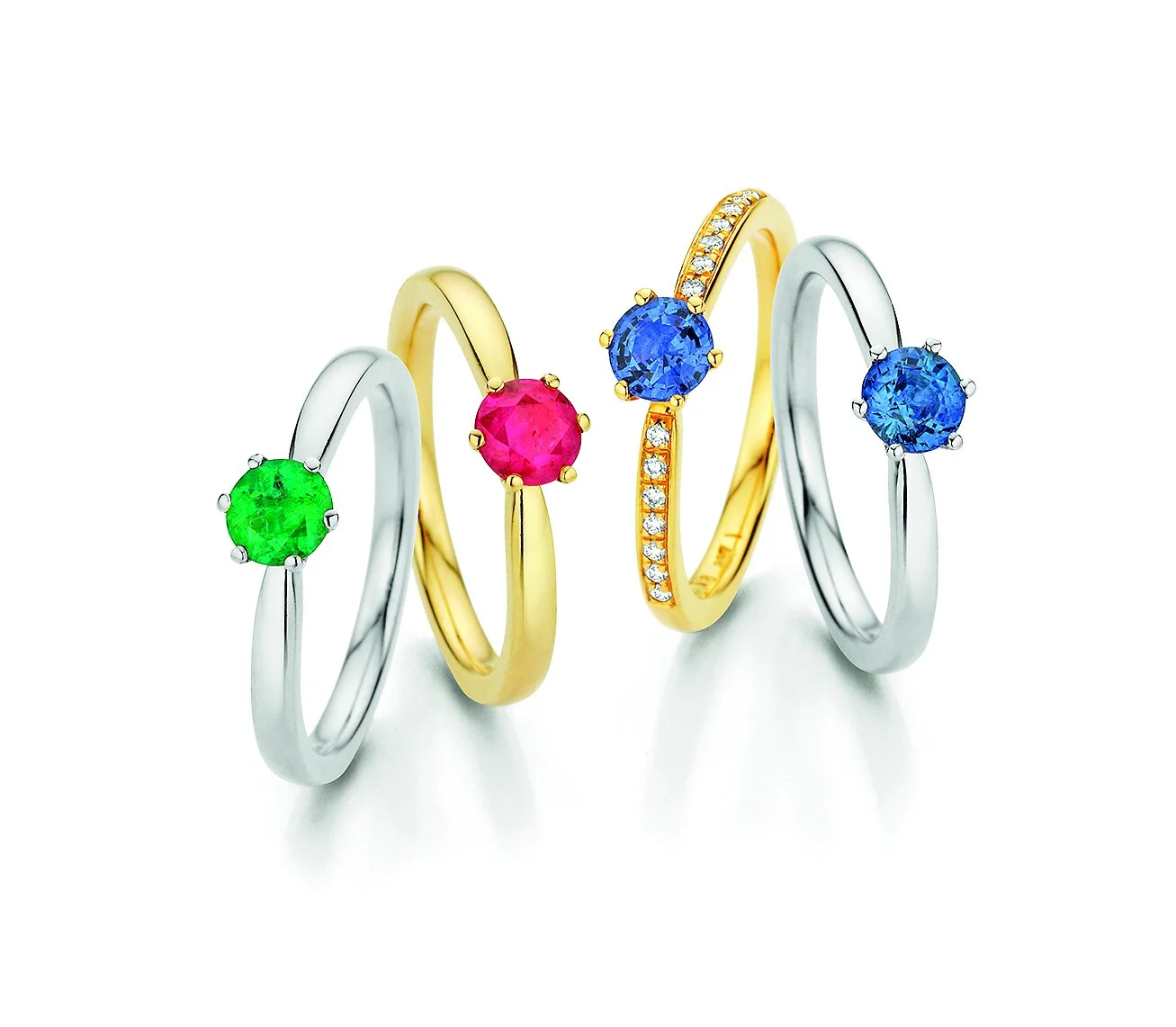 Verlobungsring aus recyceltem Gold mit Smaragd Rubin und Saphir