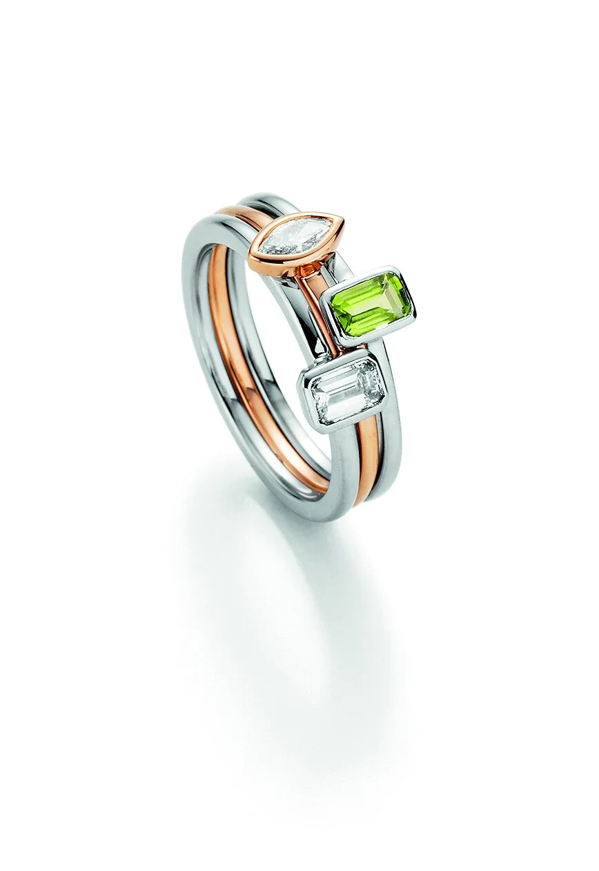 Ringe aus recyceltem Gold mit Farbedelsteinen Turmalin Peridot und Diamant