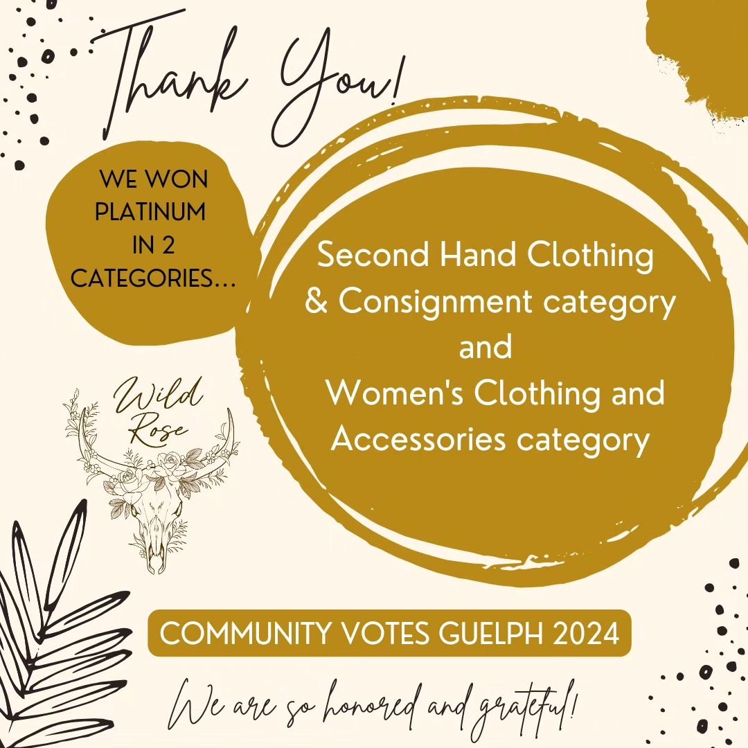 The votes are in for the 2024 CommunityVotes Guelph Awards!
.
Thank you for voting us:
✨️Platinum in the Second Hand Clothing &amp; Consignment category✨️
and
✨️Platinum in the Women's Clothing and Accessories category ✨️
.
We are so honored and grat