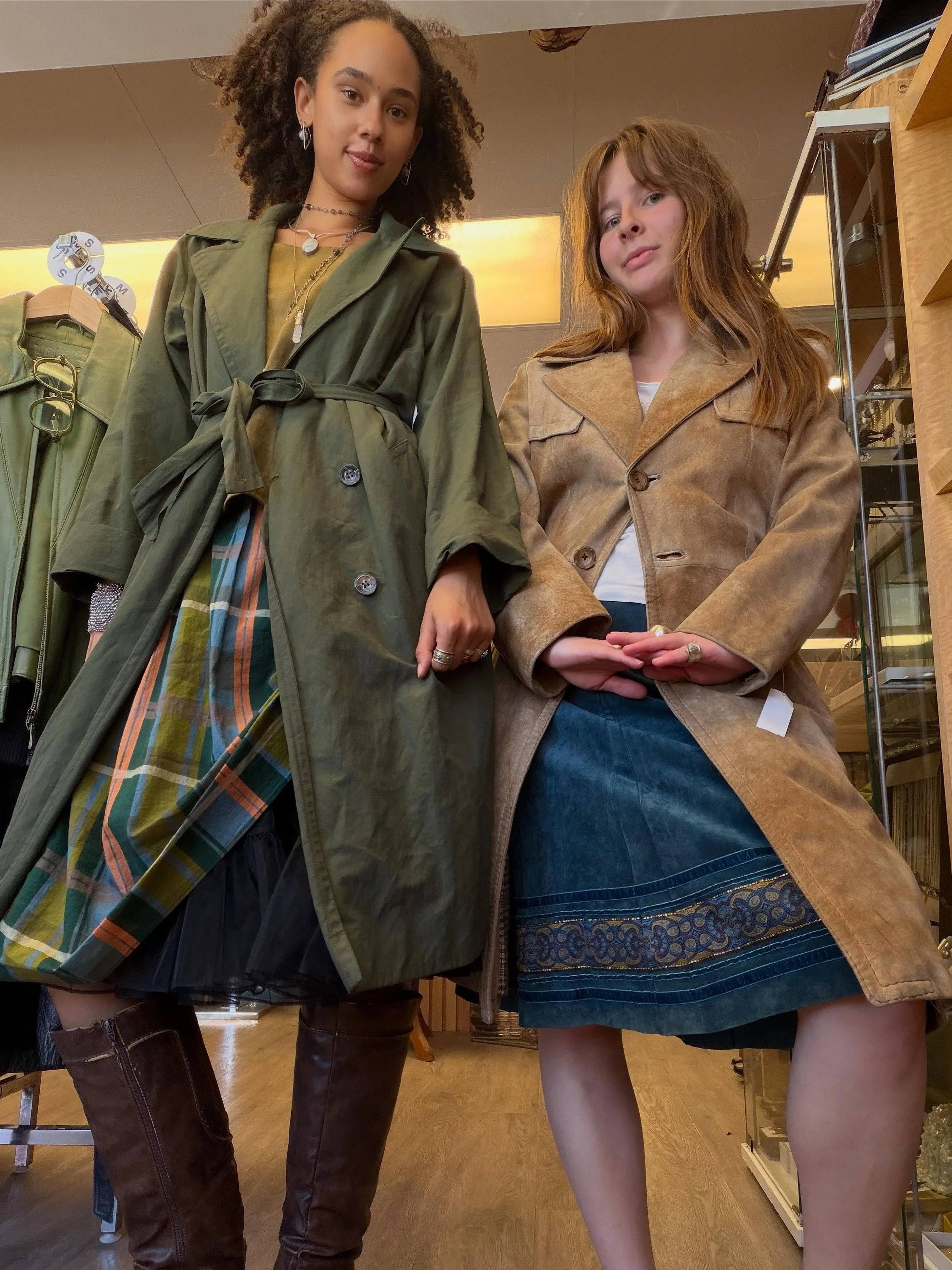 WE LOVE TRENCH COATS😍 SHOP NOW!! Horses Atelier Cotton Blend Forest Green Trench Coat  size: small $160.00  Robert Chermin Suede Leather Jacket  size: medium $160.00 #shoplocal