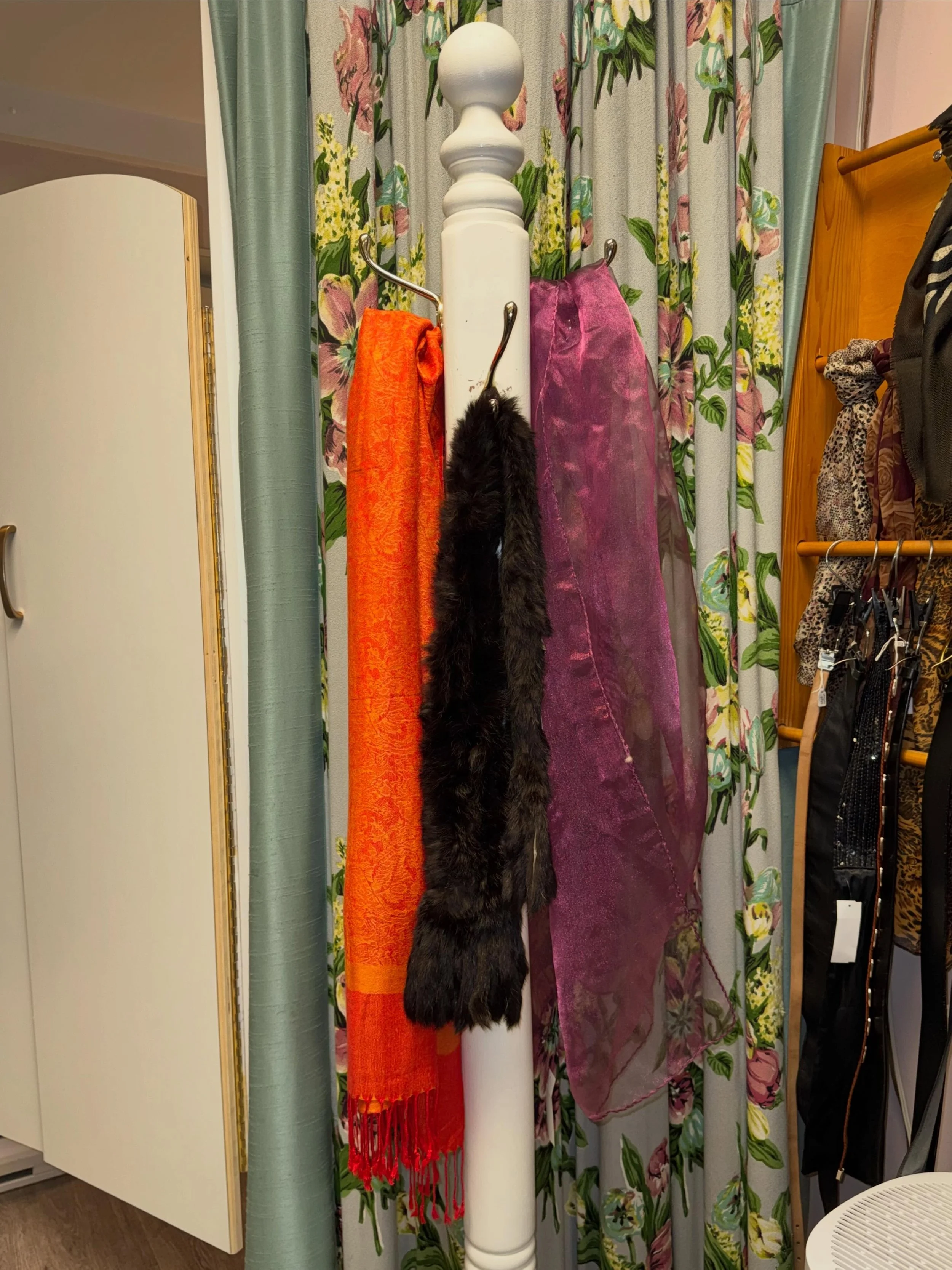 We love our scarves!

Some more info:
1. Pashnina Orange Silk Blend Scarf $48
2. Crown Cap Dark Brown Fur Scare $48
3. Magenta Purple Scarf $26
4. Pink, Blue, Yellow, Purple Paisley Scarf $24
5. Guess Black Knit Scarf $26
6. Purple, Blue Fringe Scarf