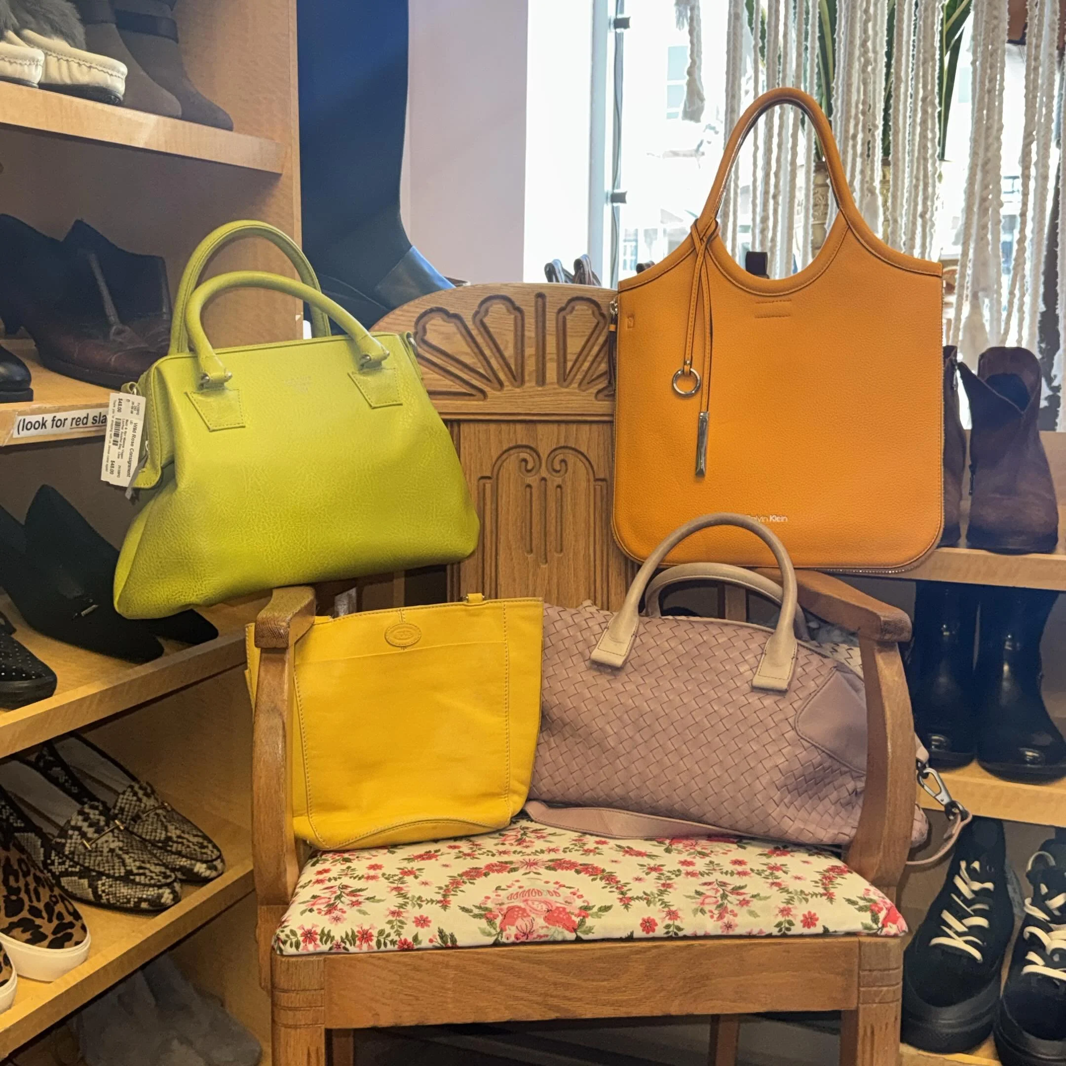 Colourful Bag Feature!

1. Matt &amp; Nat Lime Green Vegan Leather Satchel Bag $48
2. Tod&rsquo;s Yellow Leather Bucket Hand Bag $46
3. Calvin Klein Orange Pebbled Shoulder Bag $43
4. Christoper Kon Rose Woven Leather Bag $55