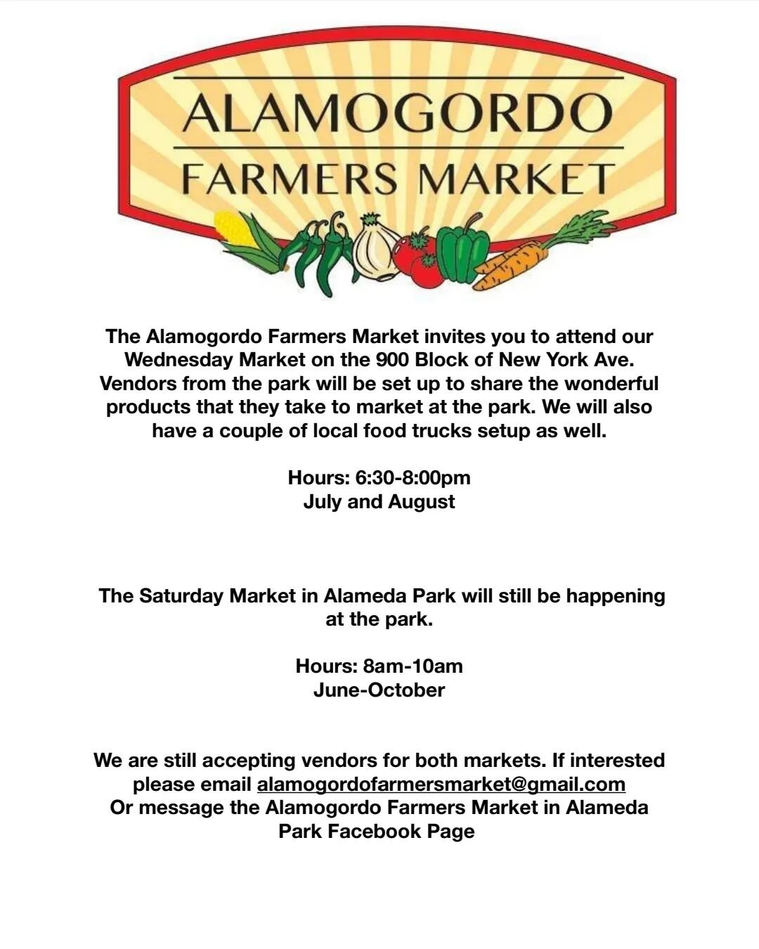 We are so excited to be partnering with the Alamogordo Farmers Market to host them downtown Wednesday nights in July and August! Come out downtown, sample the delicious homegrown food your local farmers have to offer, and check out your local merchan