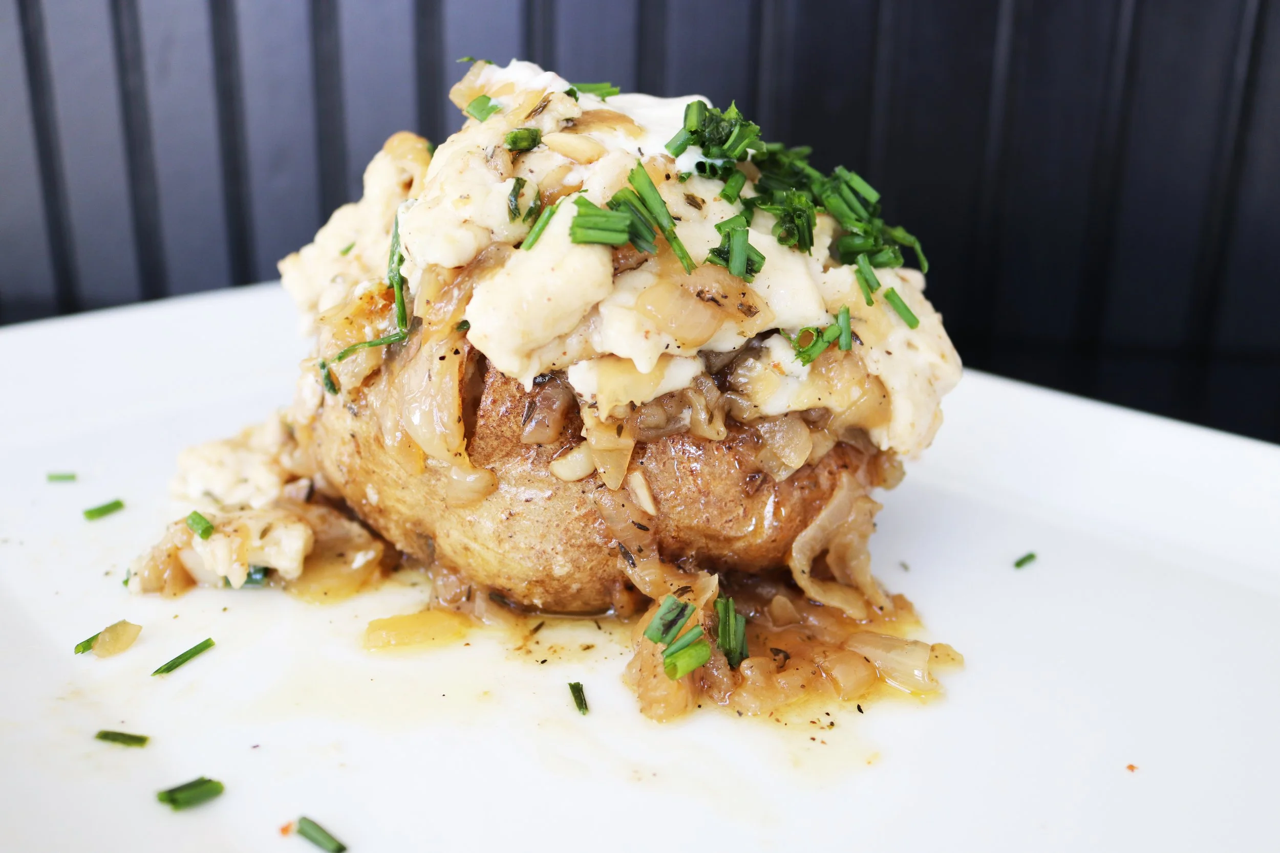 French Onion Soup Stuffed Baked Potato - Yummvees Vegan Food (Photo by Raven & Crow)